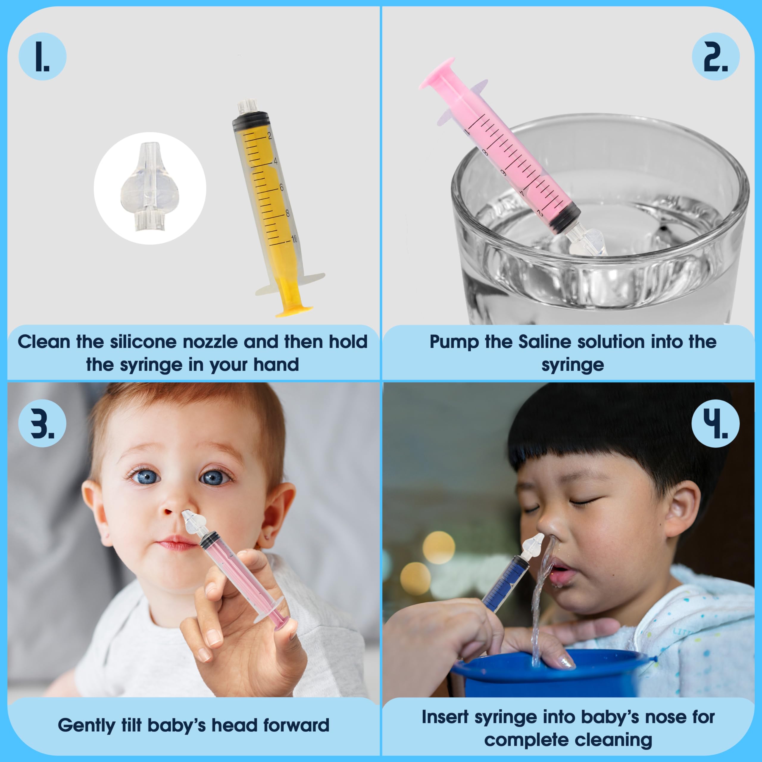 BORNOVA Baby Nasal Irrigation Syringe Baby infant nasal aspirator Nose cleaner BPA-Free Nasal Irrigation Kit for Babies Baby nose sucker nasal hygiene nasal washing 10 ml 4 PCS Blue Yellow Purple Pink - Image 4