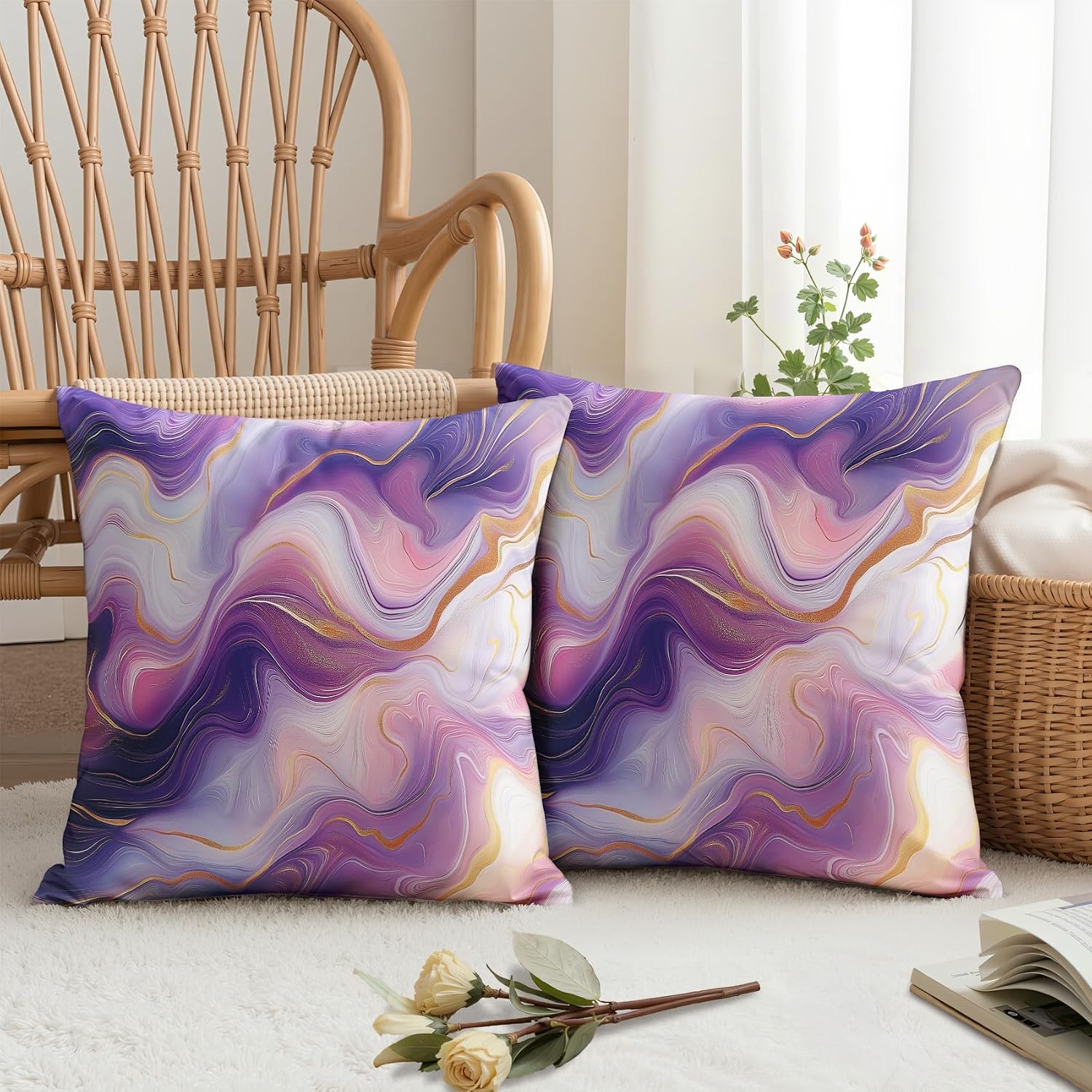 Marble Throw Pillow Covers 18x18 - Purple Gold Abstract Modern Luxury Pillow Cases Set of 2 Double Sided Print, Soft Sofa Pillowcases for Living Room Decor #M130