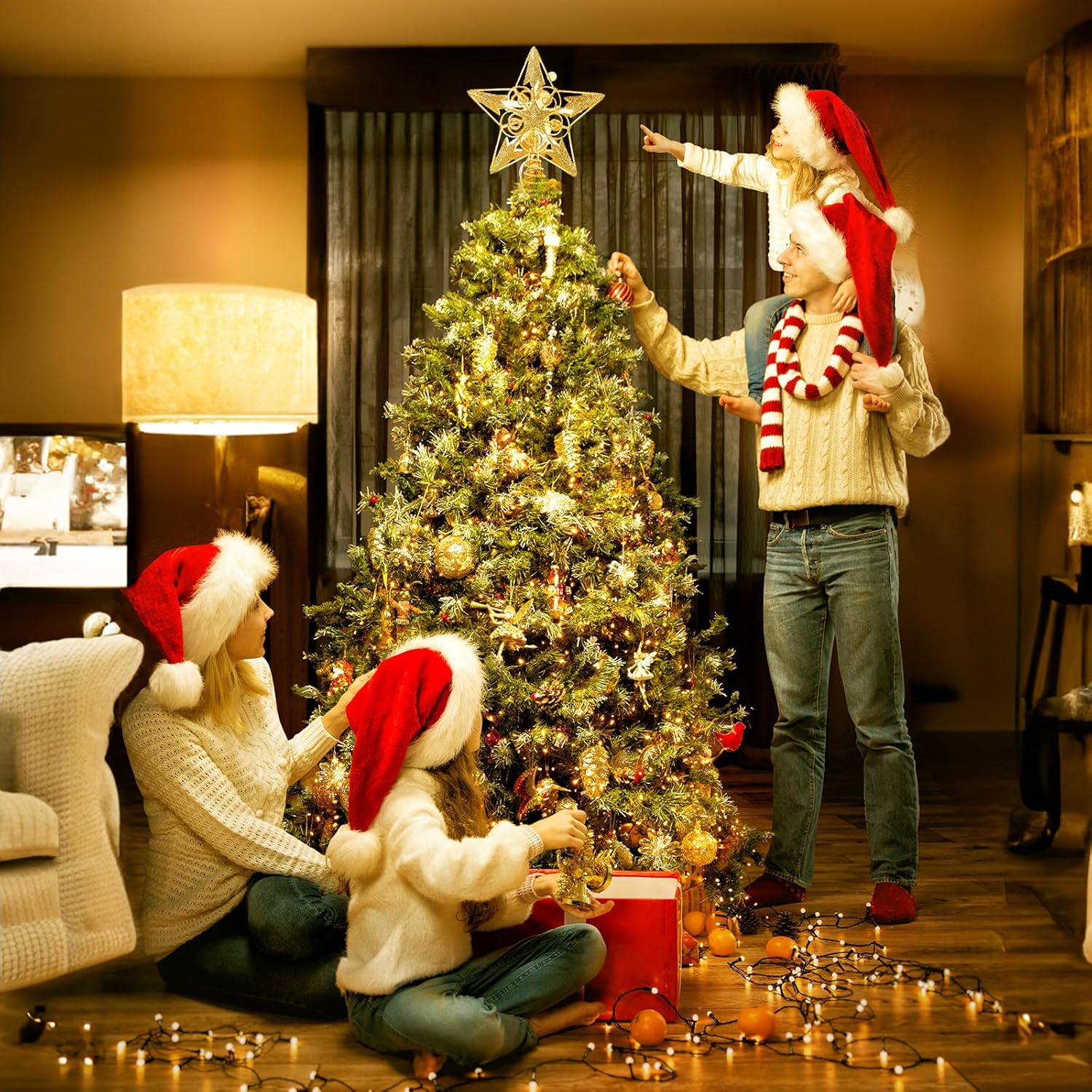 Christmas Star Tree Topper, Plug in 3D Star Tree Topper, 8" Gold Glittered Metal Hollow Designed Built-in 10 Bulbs String Lights for Christmas Tree Decorations