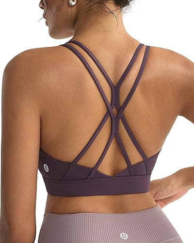RUNNING GIRL Sports Bras for Women,Strappy Crisscross Back Padded Low Impact Running Sports Bra with Removable Cups - A-dusty Lavender - Small