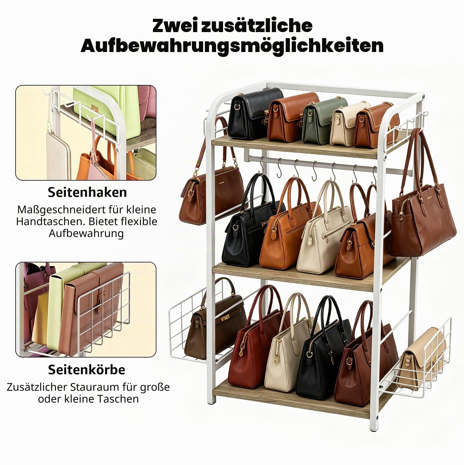 3-Stöckiges Handtaschen-Organizer-Regal, Freistehender Bag Storage Halter | Mit Verstellbarem Korb und Seitenhaken, Robuste Aufbewahrung, Für Kleiderschrank, Schlafzimmer, Wohnzimmer, Flur