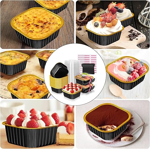 Miniatura 7 de HEYYUMI Moldes de papel de aluminio de 10 onzas con tapas y cucharas, paquete de 40 moldes cuadrados desechables de 4 x 4 pulgadas, moldes para