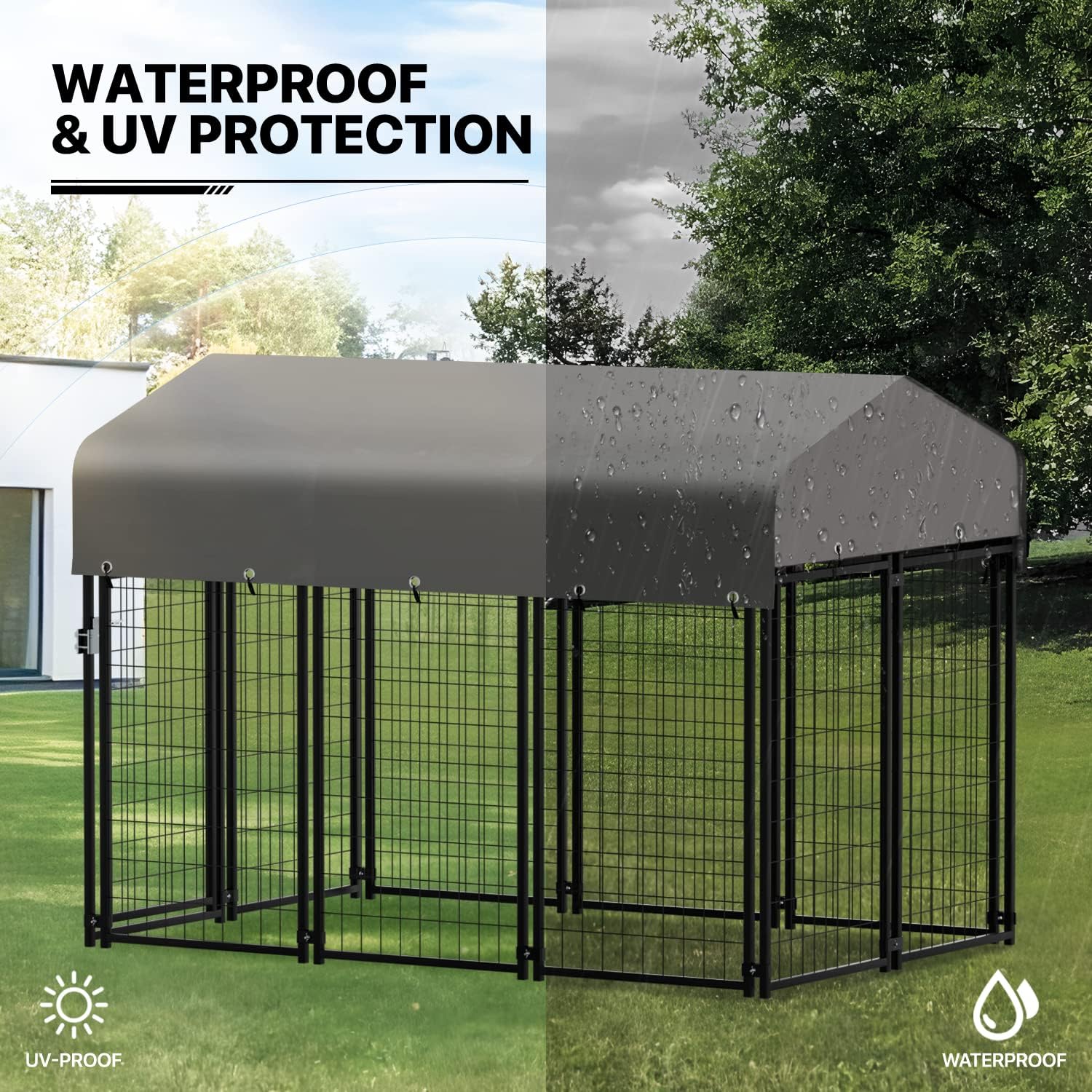 MoNiBloom Dog Kennels and Crates for Small/Medium Dogs, 4.6ft High Expandable Outdoor Dog Run Enclosure with Waterproof Cover, Galvanized Puppy Exercise Pen with Lock for Outside Home Yard, 10 Panels
