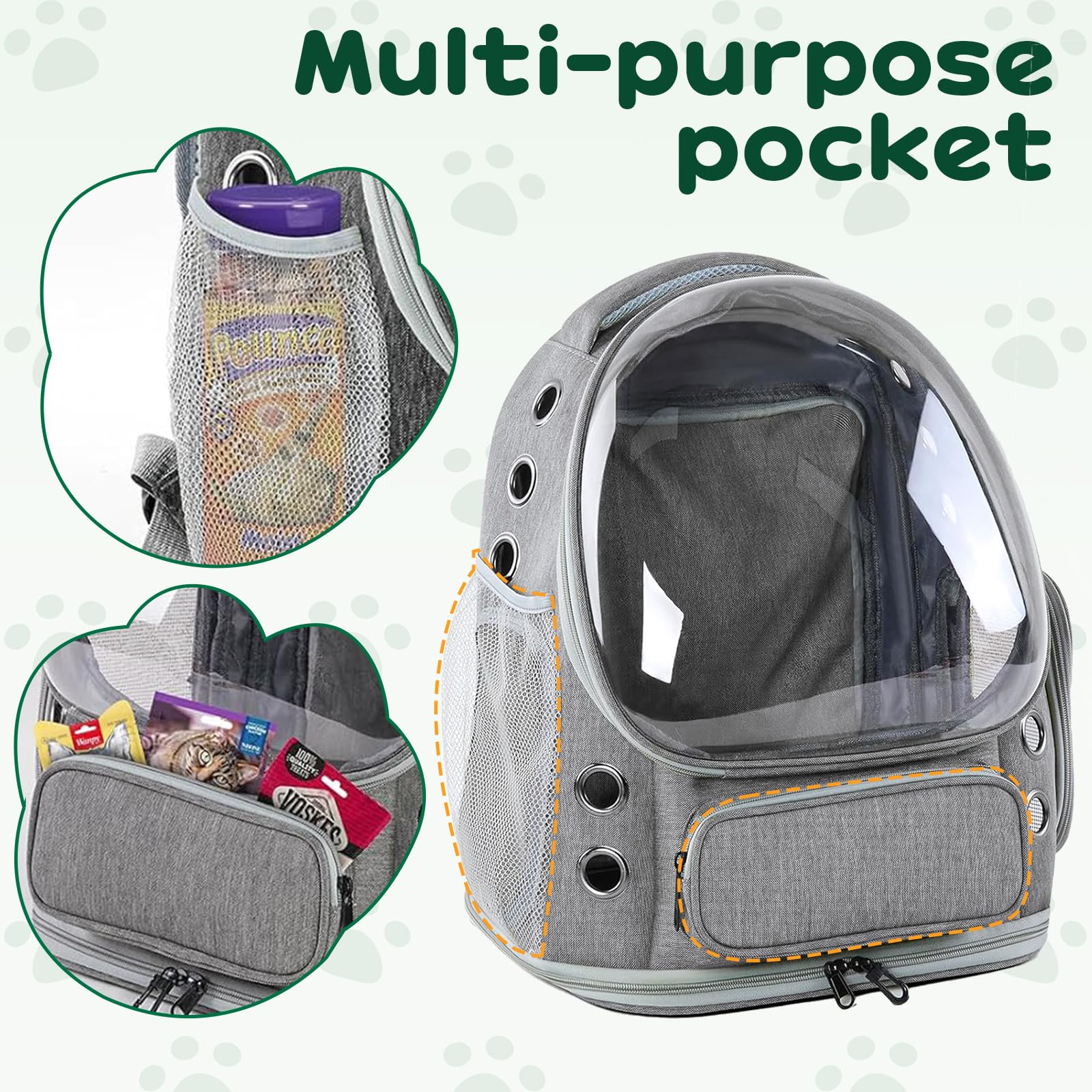 Zaino espandibile per gatti con finestra, adatto per gatti da 3 a 5 kg, con guinzaglio di sicurezza interno e tappetino per animali domestici, per auto, escursioni, grigio, 42 x 32 x 24-57 cm