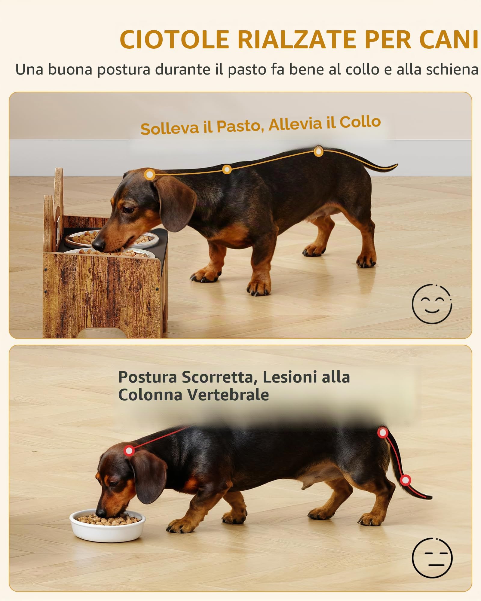 Hzuaneri Set di 2 Ciotole Rialzate per Cani, con Ciotola Acqua Inox, Supporto Antiscivolo e Antischizzo, Marrone e Nero PB01601B