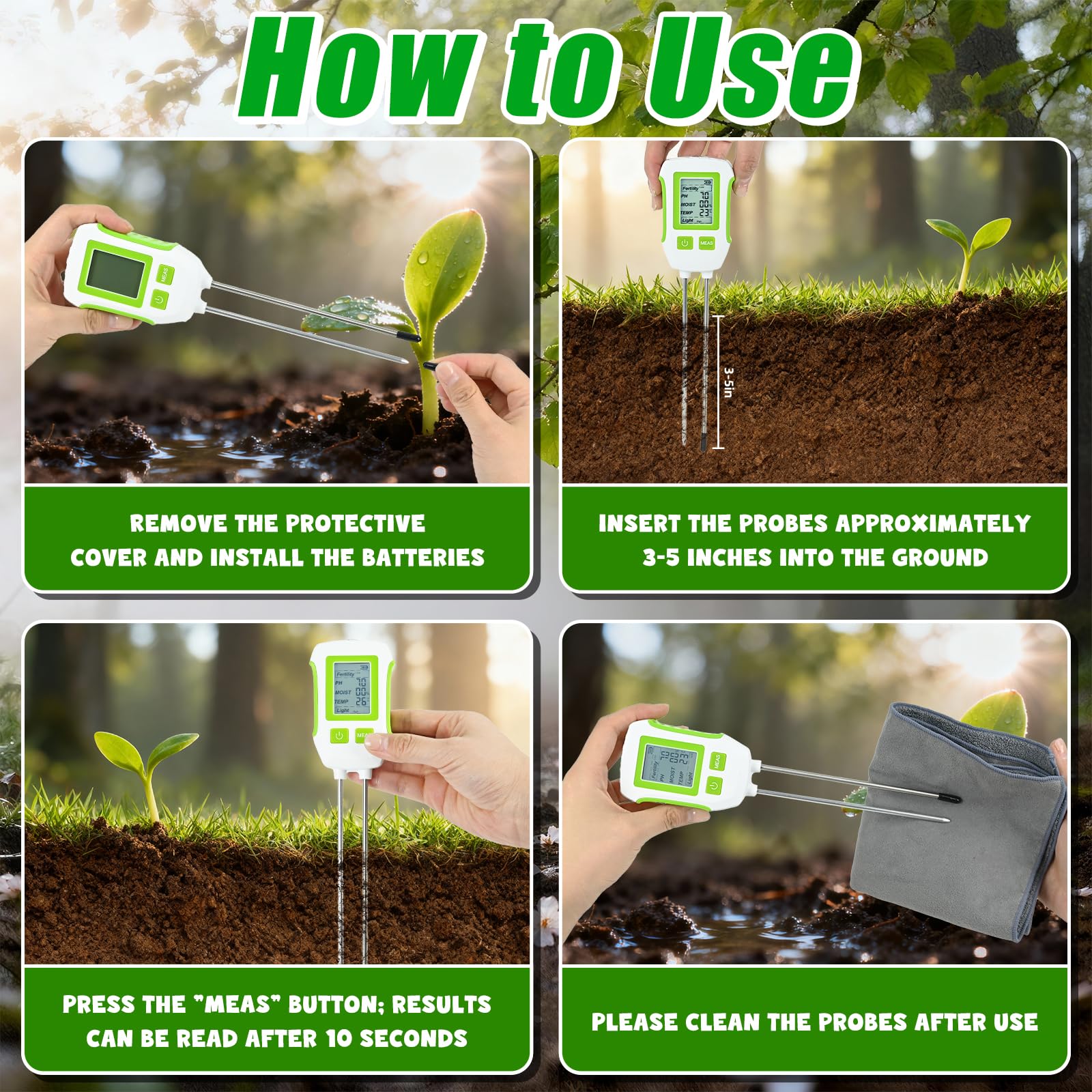 PATEMZON Testeur de Sol Numérique 5 en 1, Testeur Humidité Sol Plante, Mesure pH du Sol, Fertilité du Sol/Humidité/pH/Température/Lumière Solaire, Hygrometre Plante pour Jardinage Ferme Pelouse
