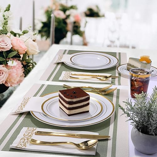 Miniatura 3 de FOCUSLINE Juego de vajilla desechable de 350 unidades para 50 invitados, platos de plástico resistente con borde dorado, incluye 50 platos de cena y