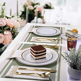 FOCUSLINE 350 Ct Disposable Dinnerware Set for 50 Guests -Heavy Duty Plastic Plates with Gold Rim, Includes 50 Dinner & Salad Plates, Cups, Napkins, Cutlery Set