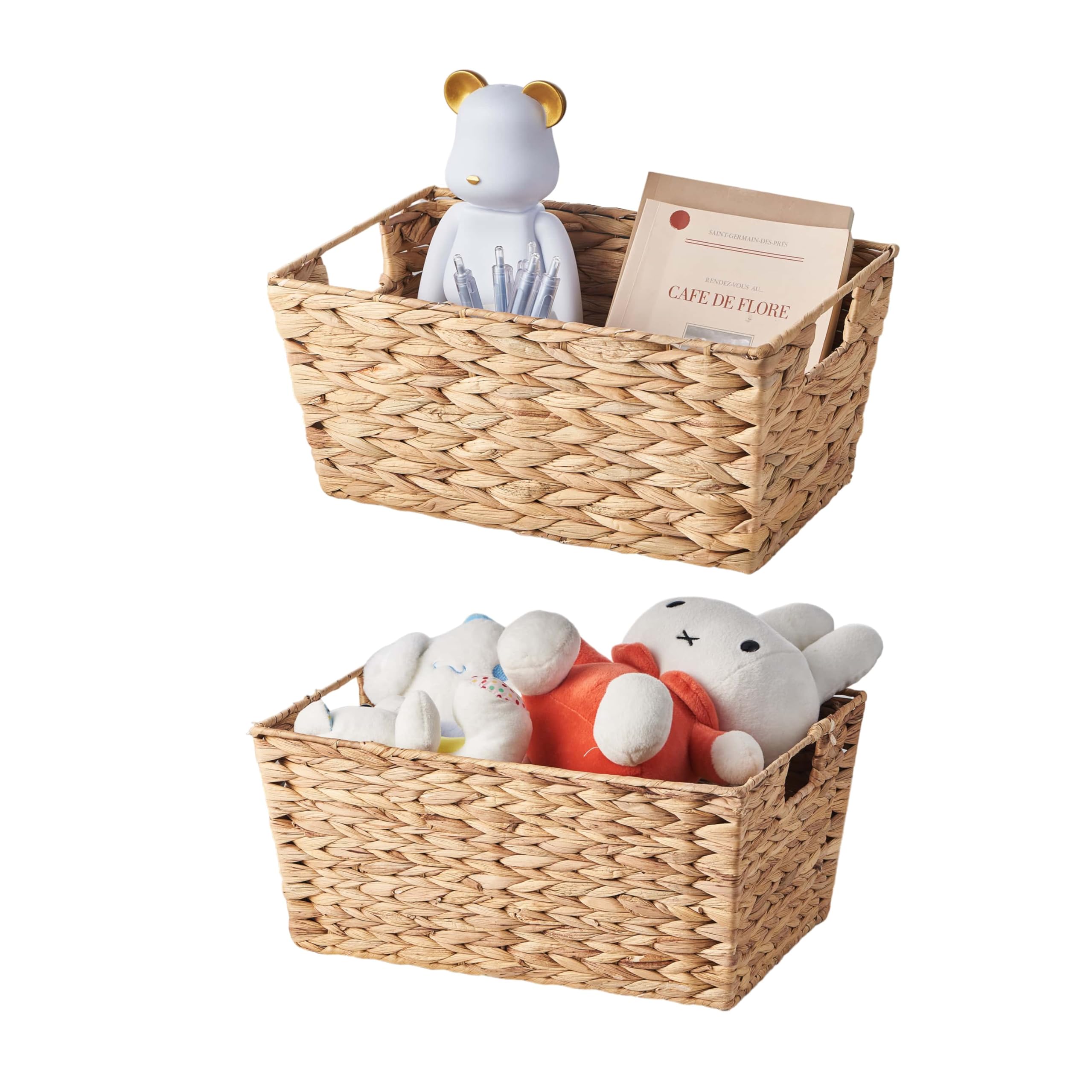 Eden & Willow Natural Water Hyacinth Woven Storage Basket With Handles | Wicker Shelf Baskets For Home Decor And Bathroom Organisation | Handmade Stackable Gift Hamper Basket (2, Large)