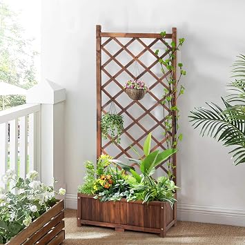 Vasitelan Wood Planter Raised Bed with Trellis, Outdoor Wood Planter Box Garden Stander for Patio Yard, 29.5 x 16.9 x 67 inches
