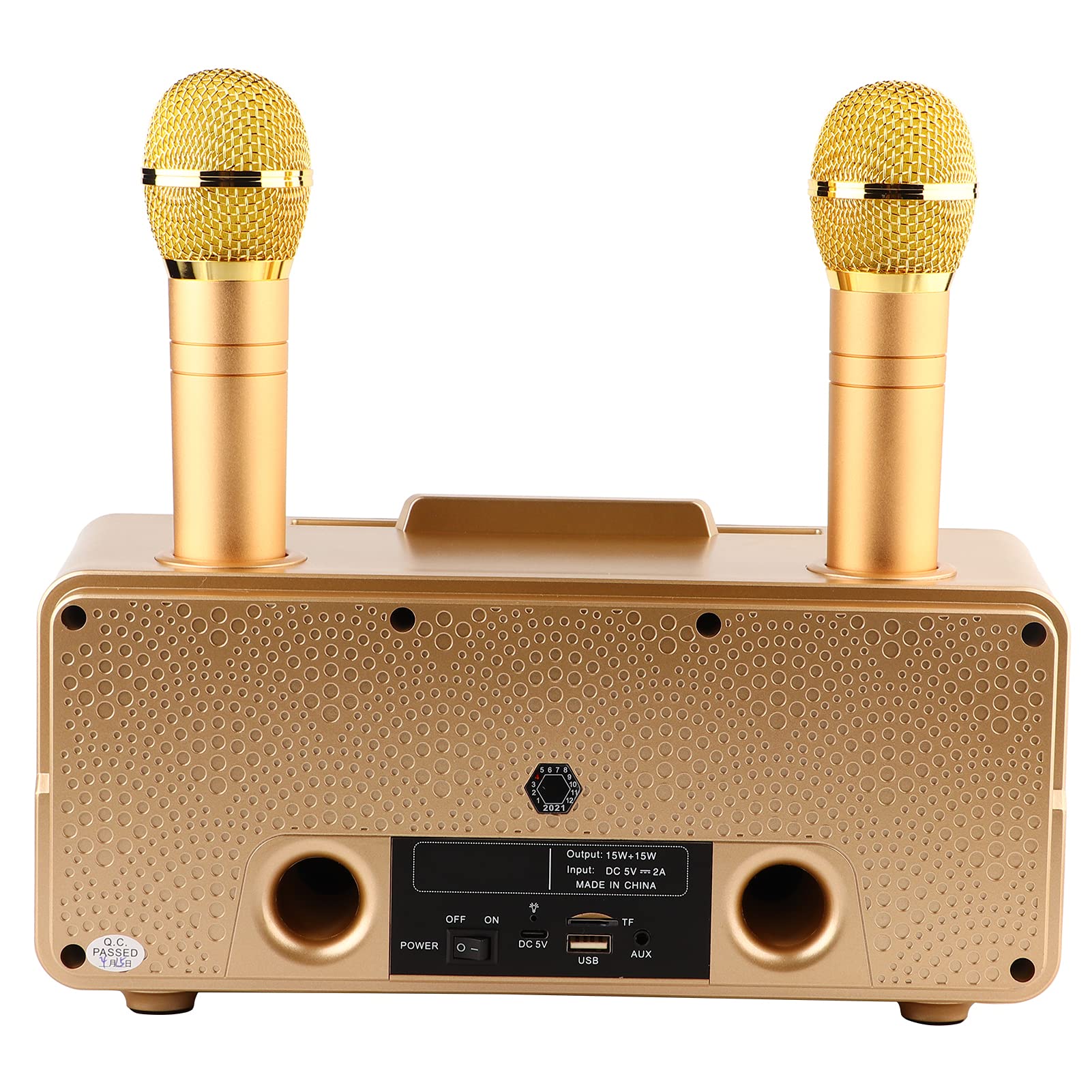 ASHATA Tragbares Karaoke-Mikrofonsystem-Set, mit Dual-Wireless-Mikrofon, Bluetooth 4.2, Speicherkarte, AUX, USB-Flash-Disk für Heim-Karaoke, Meeting, Party, Kirche Usw.(Gold)