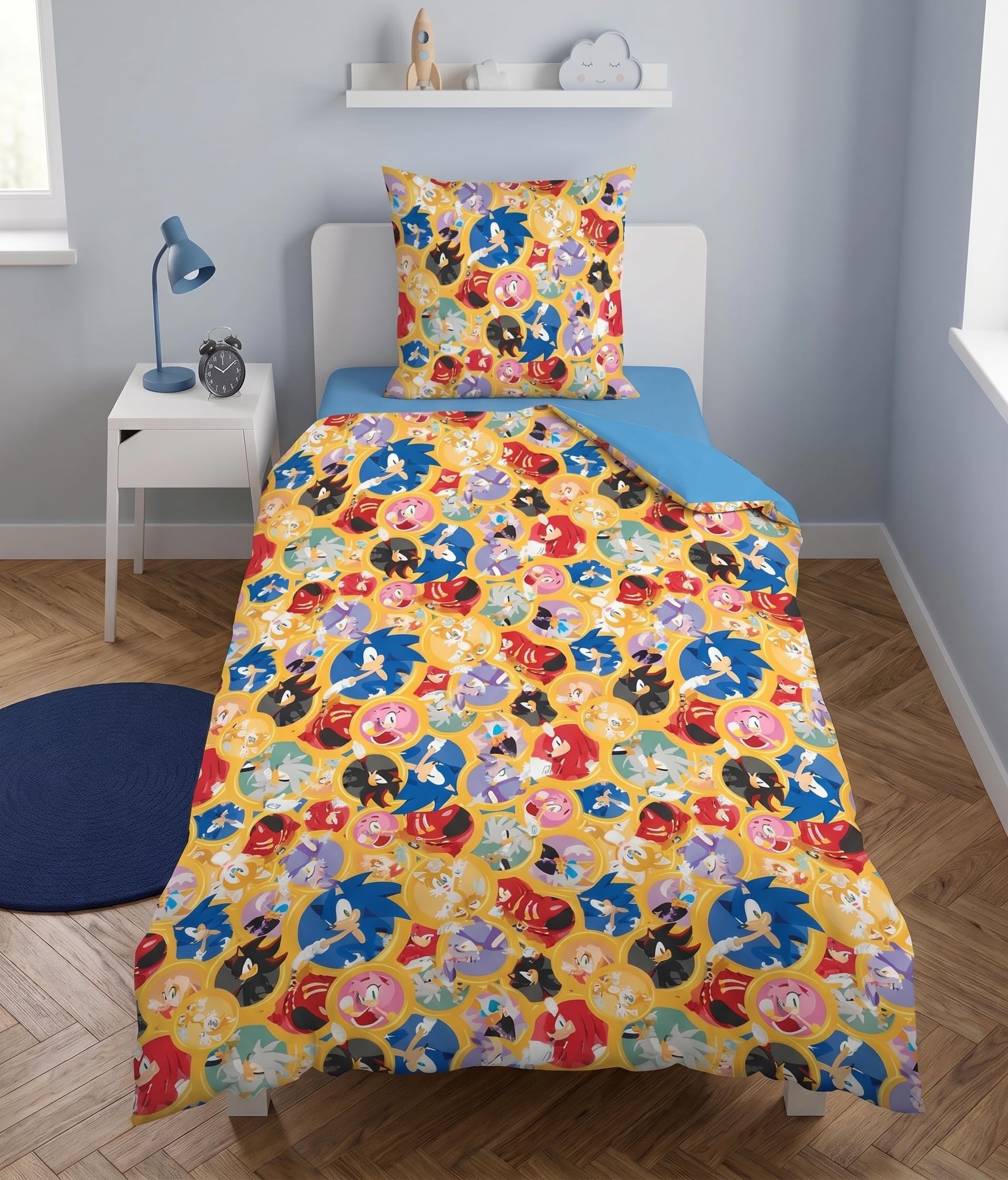 Sonic Le Hérisson Bleu Housse de Couette 140x200 + Taie 63x63 Polyester | Parure de lit qualité supérieure | Polyester Oeko-Tex | SEGA officiel | Garçon | Cadeau | Lavable en machine