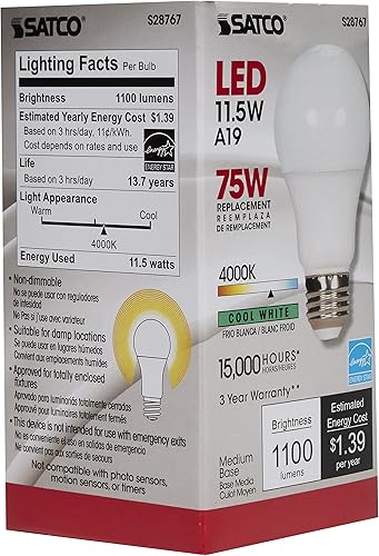 Miniatura 4 de Satco S28767 Bombilla mediana con acabado blanco, 4.38 pulgadas, esmerilado