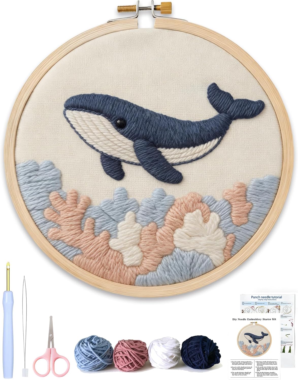 Punch Needle Kits For Adults Beginner,Punch Needle Starter Kit Easy,Embroidery Punch Needling Kits,DIY Punchneedle Kit All Supplies With Wooden Hoop/Patterns/Yarns/Instruction (01-Blue Whale)