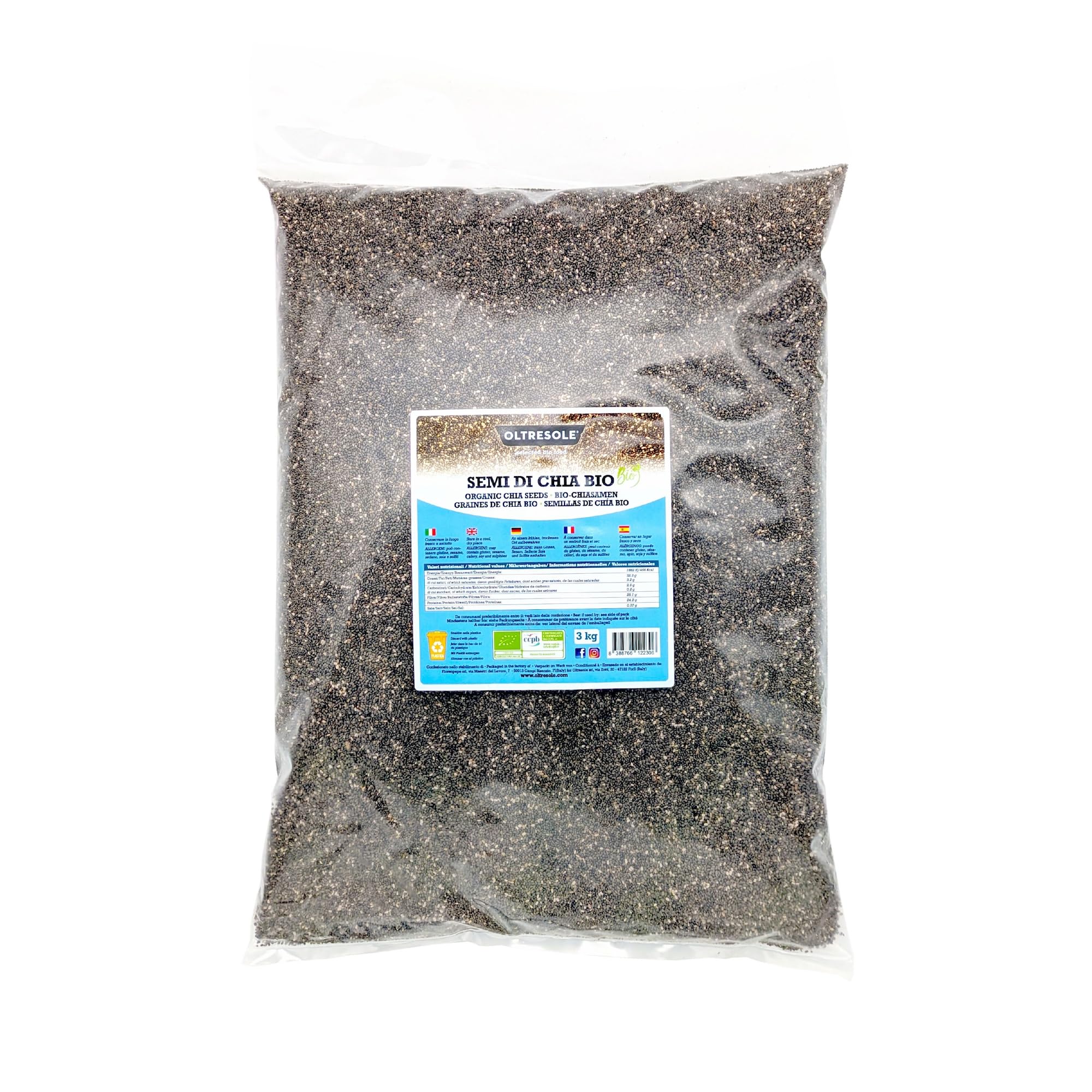 Oltresole - Organic Chia Seeds 3 kg - Organic Crude Oil Seeds, Source of Protein and Fiber, Naturally Gluten Free, Ideal for Salads or Enriched Oven Products, Convenient Packaging