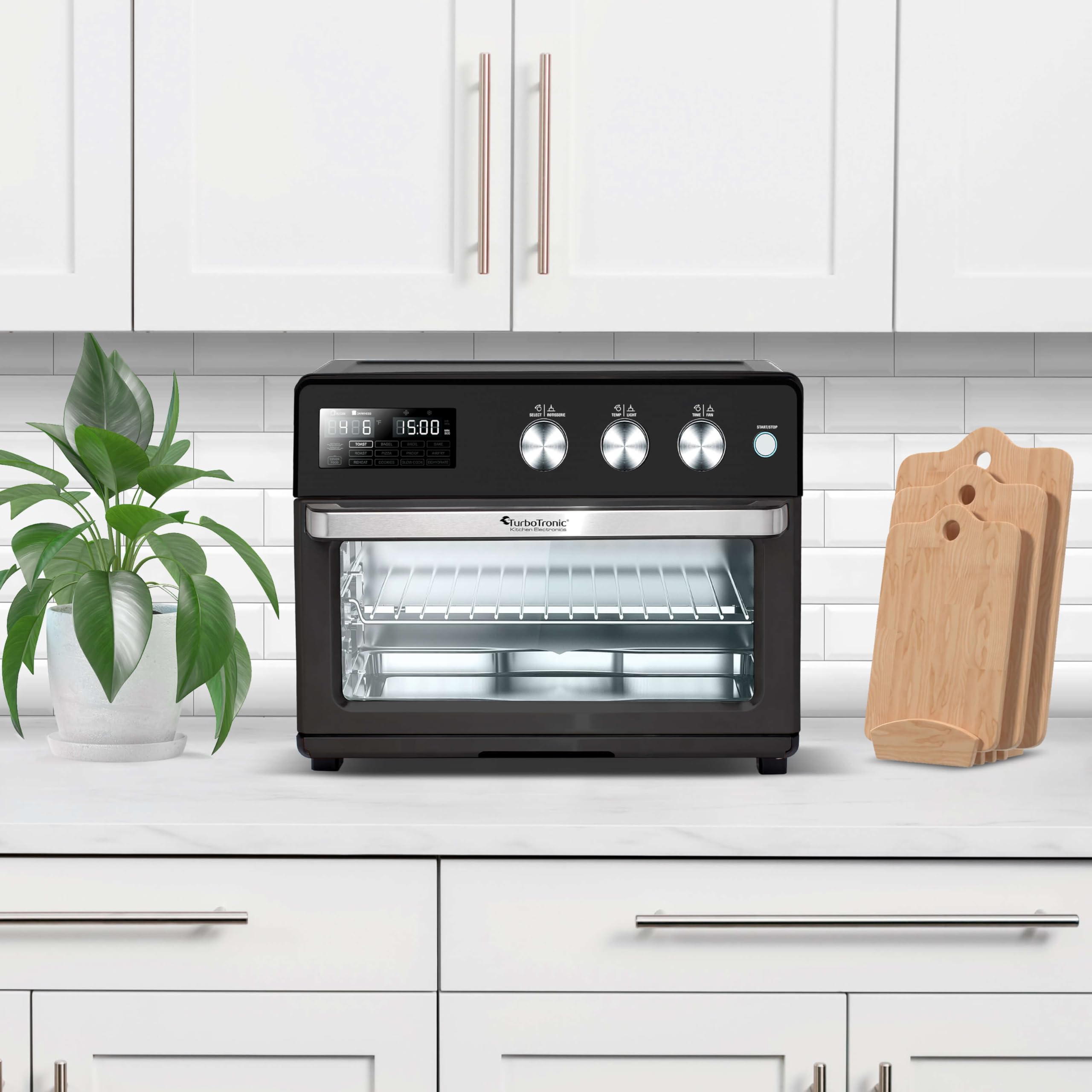 TurboTronic Horno de Aire Caliente XXL 32L con Spiedo Giratorio, 5 en 1: Horno, Deshidratador, Freidora sin Aceite, desde 25°C, Potencia 1700W