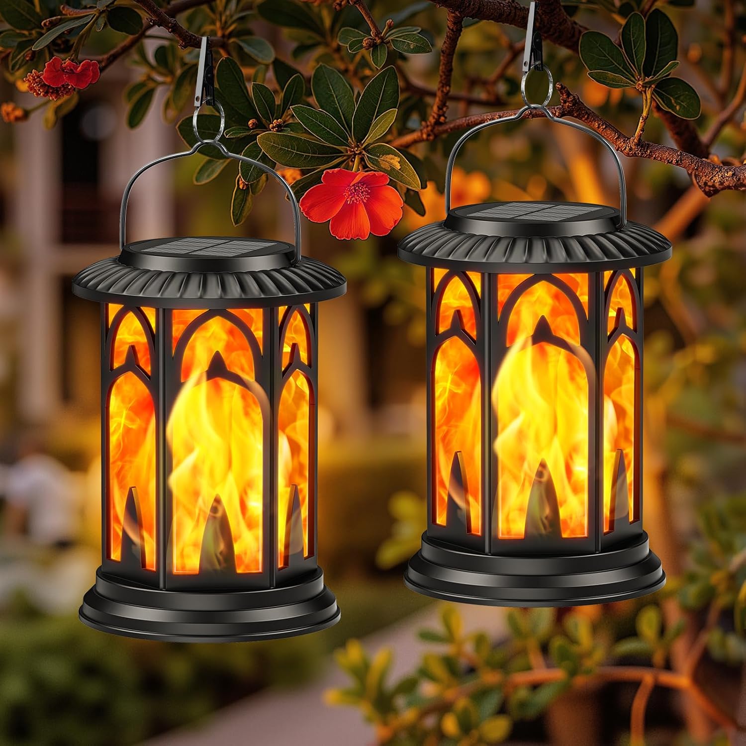 KOOPER Taller Solar Lanterns Outdoor Waterproof Hanging Solar Lantern Lights, 2Pack Upgraded Flickering Flame Lanterns Decorative Outdoor, Battery & Solar Powered lantern for Garden Yard Decor (Black)