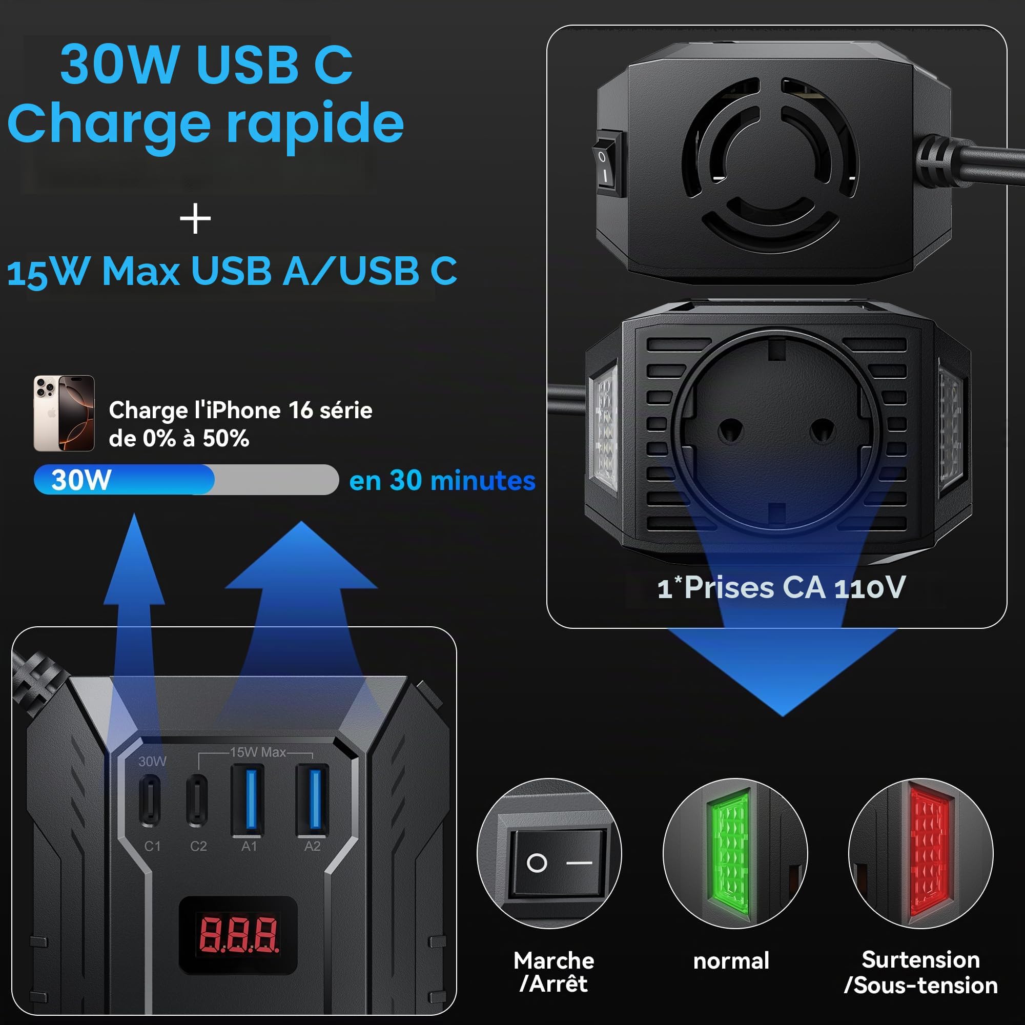 BESTEK Convertisseur 12v 220v 400w Convertisseur Sinusoïdale pour Voiture Vacance Onduleur Pure 12v avec Port Charge Rapide Prise Européenn Transformateur de Tension