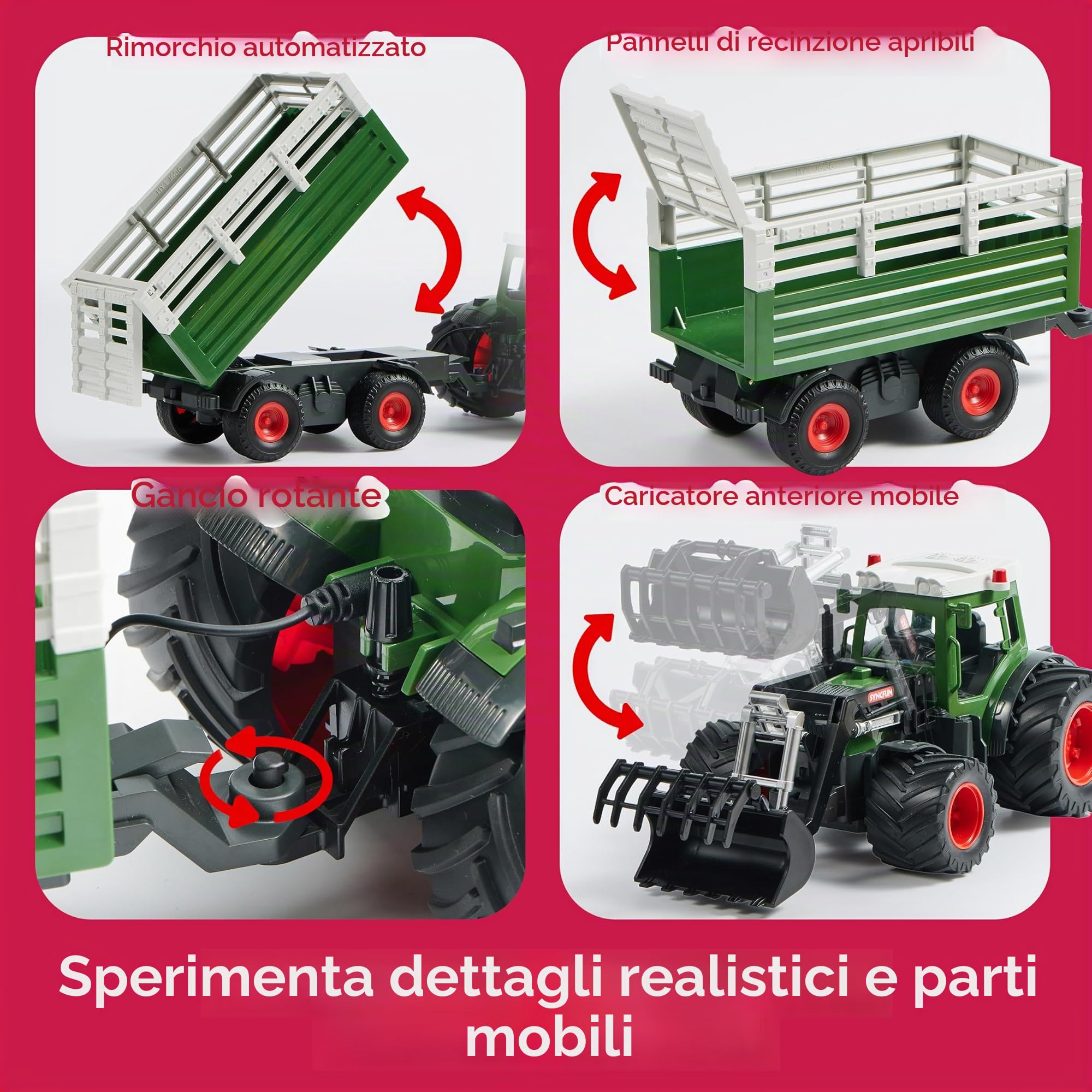 SYNCFUN Set di giocattoli trattore telecomandato grande veicolo agricolo con rimorchio, caricatore, luci e suoni