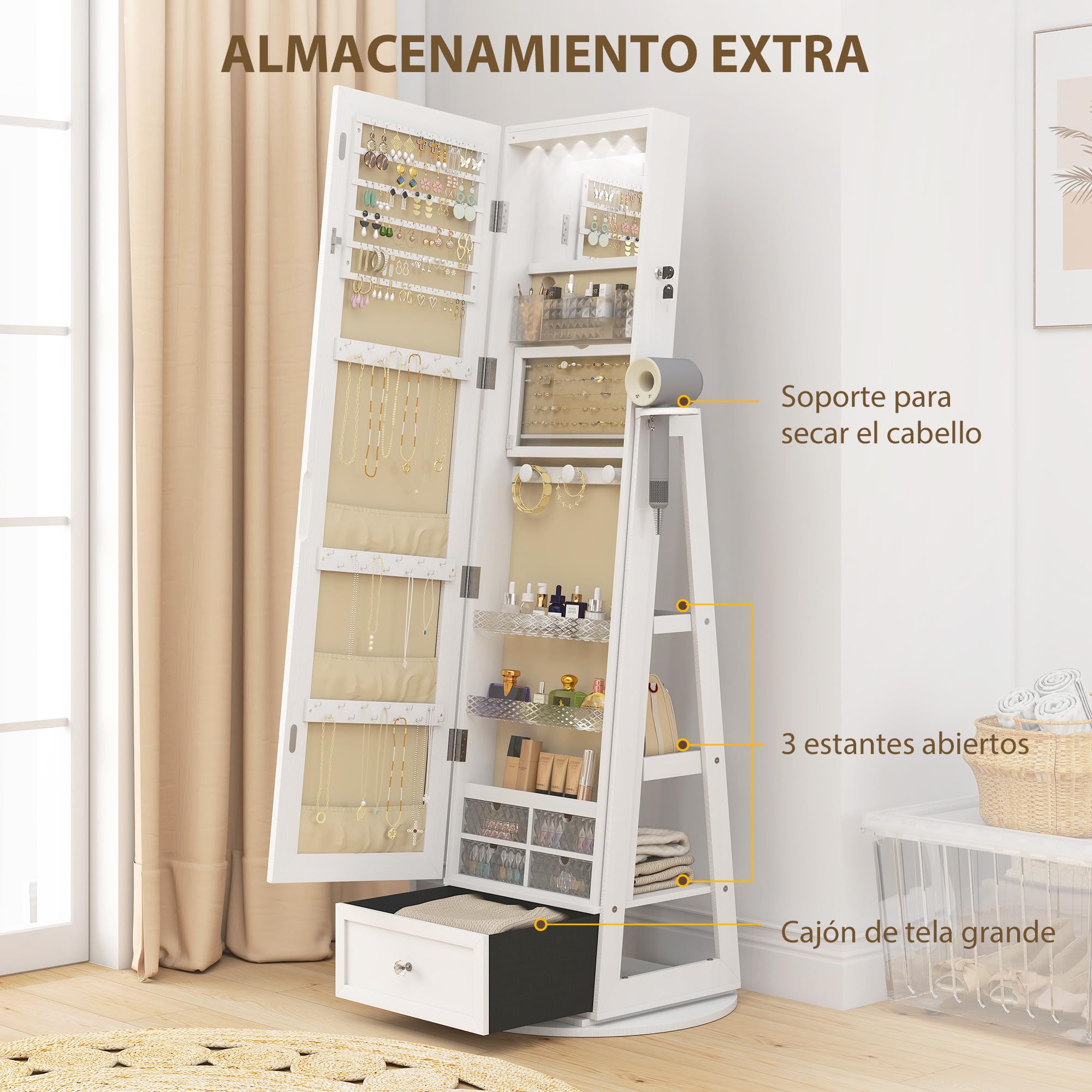 HOMCOM Armario Joyero de Pie con Luces LED, Espejo Cuero Entero, Soporte para Secador, Giratorio 360°, Cajón, Cerradura, Blanco y Beige