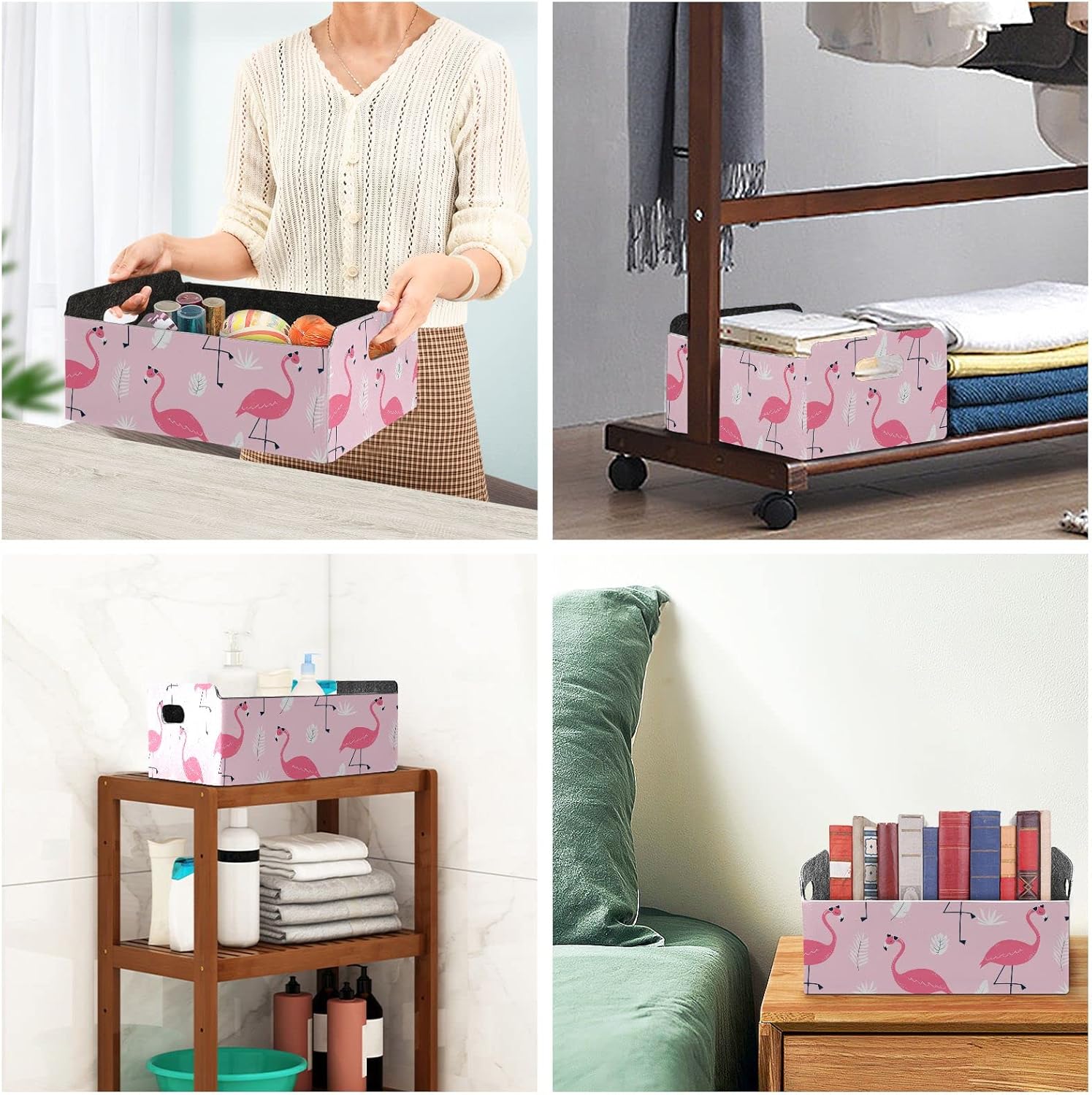 CaTaKu Foldable Storage Basket Flamingo Palm Feather Collapsible Felt Storage Bins with Handle Drawer Organizer Bin Cube Shelf Box for Organizing Closet Clothes Office Books Bedroom