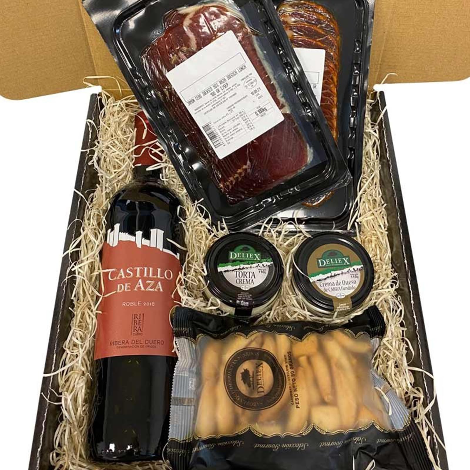 Deliex - Cesta gourmet para regalar con vino Castillo de Aza, ibéricos, quesos y picos de pan