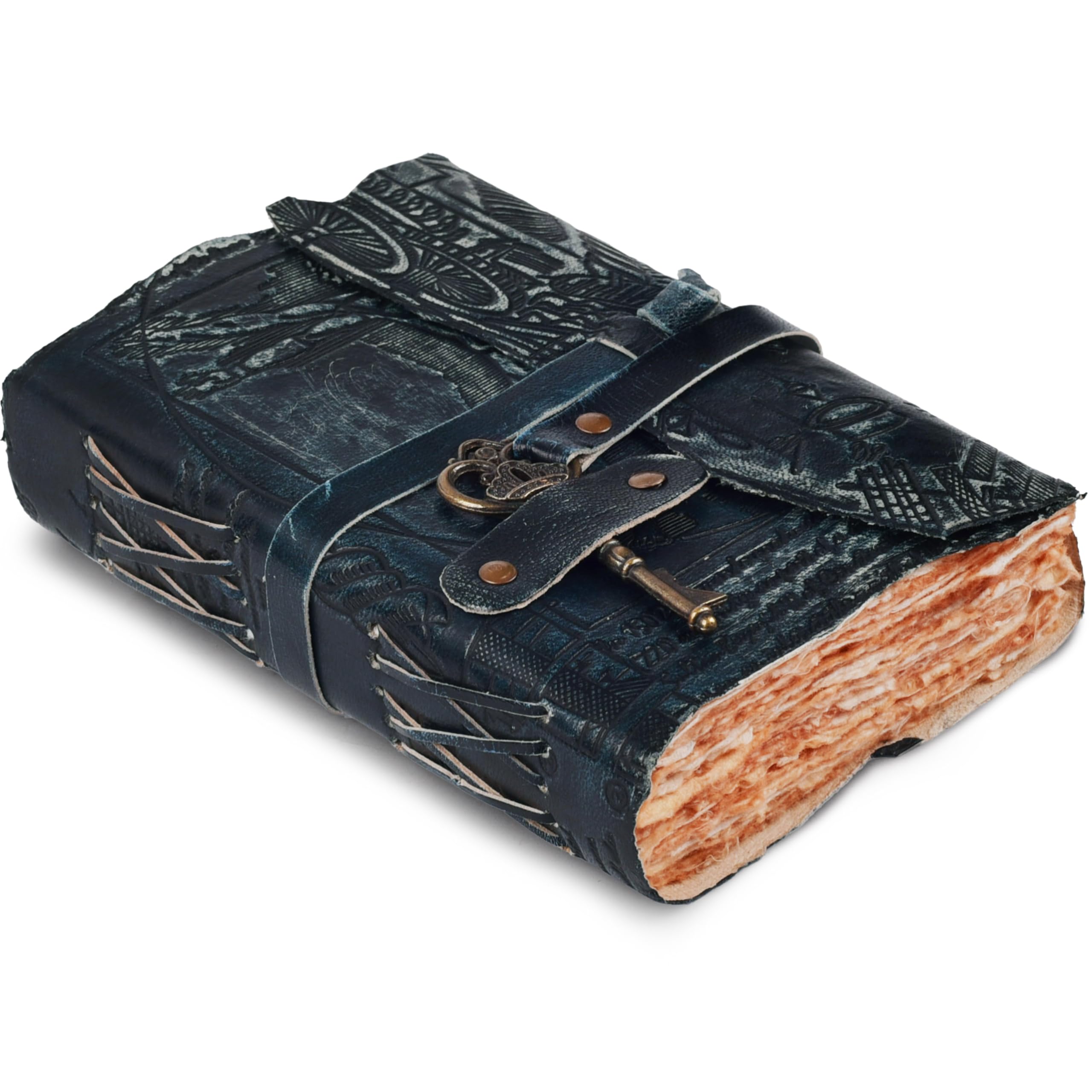 LEATHER VILLAGE Genuine Leather Handmade Journal for Men & Women- Key Closure- Book of Shadow- Handwork Embossed Vintage Deckle Edge Paper