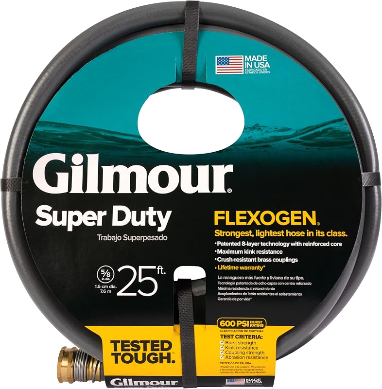 Flexogen 5/8 in x 25 ft Garden Hose, Heavy Duty Water Hose, Flexible and Kink Resistant Outdoor Hose | 8-layer heavy duty build, kink-resistant, crush-proof brass couplings, all-season flex, proudly made in USA