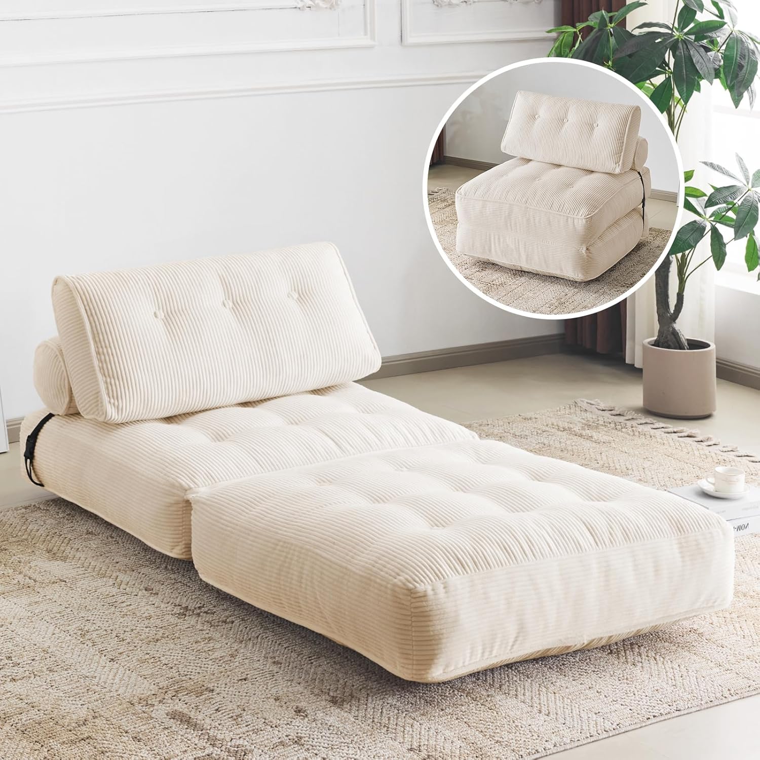 Furnimart Twin Size Folding Sofa Bed, 3 in 1 Convertible Sleeper Chair, Modern Single Sofa Lounge Chair, Small Pull Out Sleep Bed, Floor Futon Couch for Living Room, Corduroy Beige