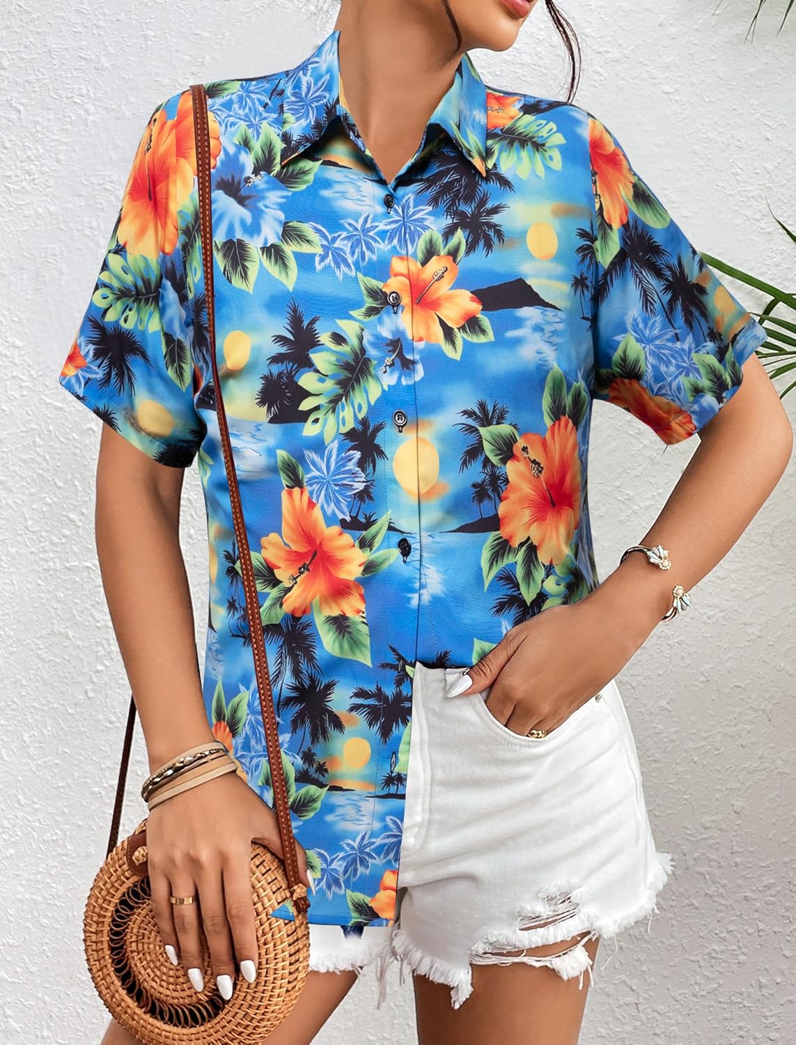 Summer Button Up Hawaiian Shirt: Women Hawaii Shirts Soft Cool Floral Tropic Print Short Sleeve V Neck T-Shirt - Image 3
