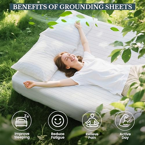 Miniatura 5 de Hoja de tierra, 5% fibra de plata pura + 95% algodón orgánico, sábanas de tierra suave para mejorar el sueño, alivio del dolor (76 x 80 pulgadas)