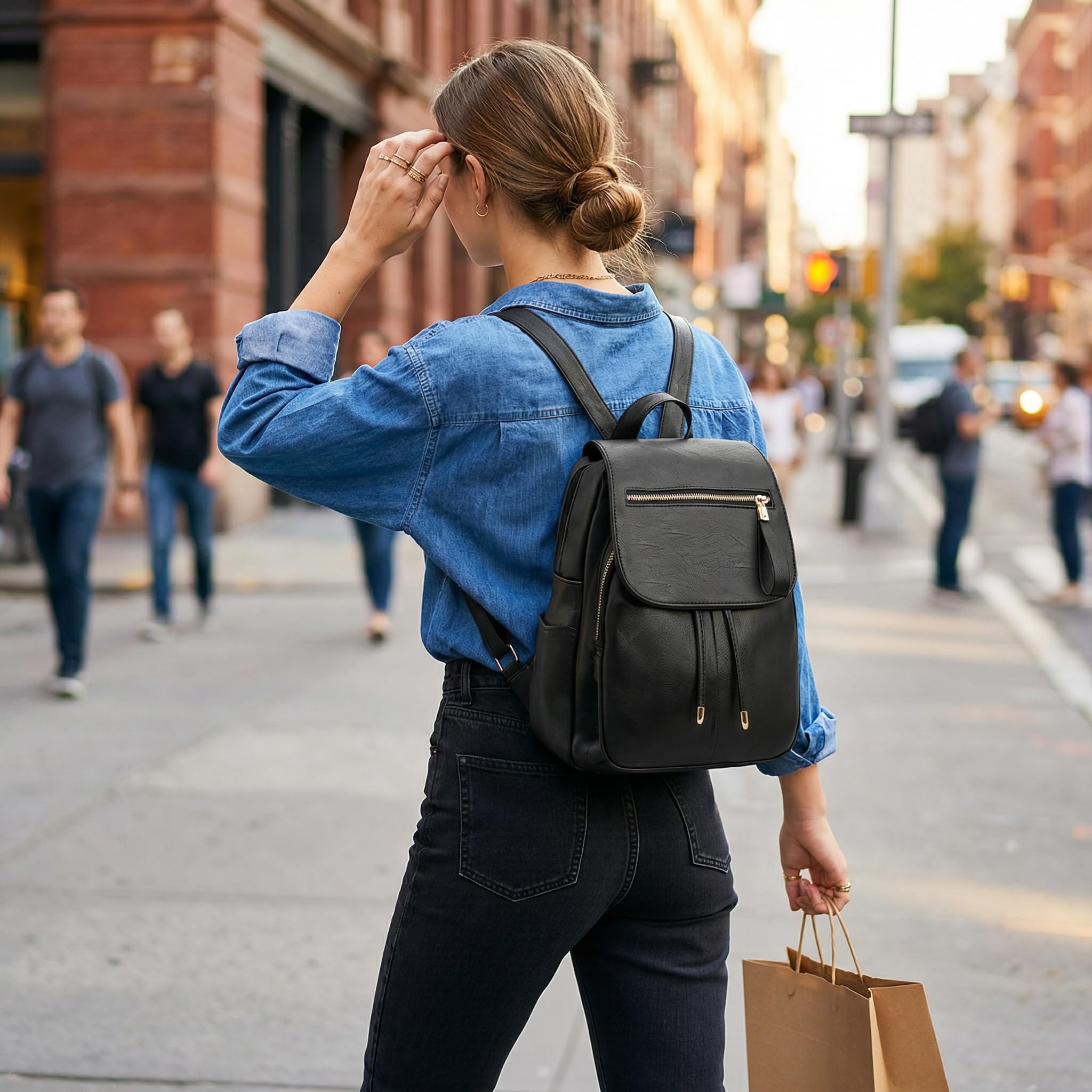 Mochila Mujer Antirrobo Pequeña Bolso Mochila Impermeable Mochila de Piel PU Casual Elegante Mochila con Múltiples Bolsillos Moda para Viaje Trabajo Universidad Negro