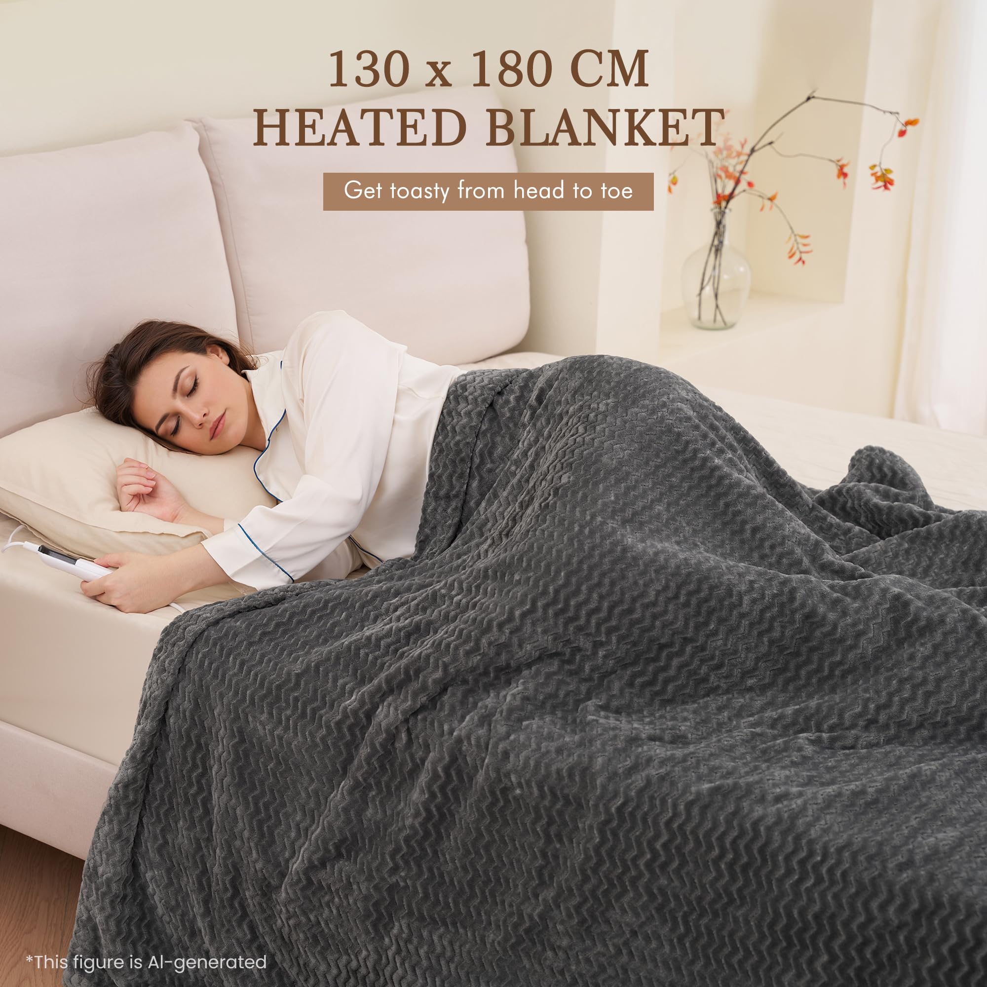 Manta Eléctrica Térmica de Franela con Patrón de Olas 130*180cm, Manta Eléctrica Grande con 6 Niveles de Calor y Apagado Automático 1-10H, Calefactora Lavable a Máquina para Sofá Cama Oficina (Gris)