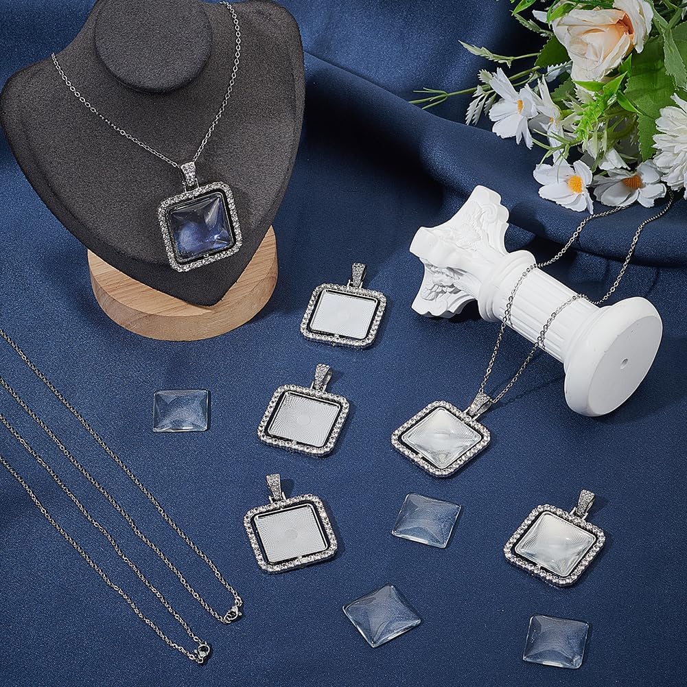 24Pcs 6 Sets Cabochon Necklace Kit Square Bezel Pendant Trays with Glass Cabochons and Chain Rhinestone Rotatable Double Sided Bezel Charms for Jewelry Making Supplies Necklace Gift Adults - Image 4