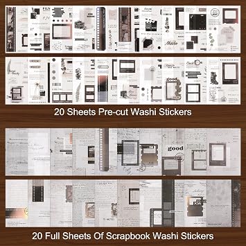 40 Sheets Vintage Washi Stickers Book for Adults, Journaling Book Ephemera with 210pcs Film Stickers and 20 Self-Adhesive Scrapbooking Papers, Bullet Journaling Scrapbook Supplies