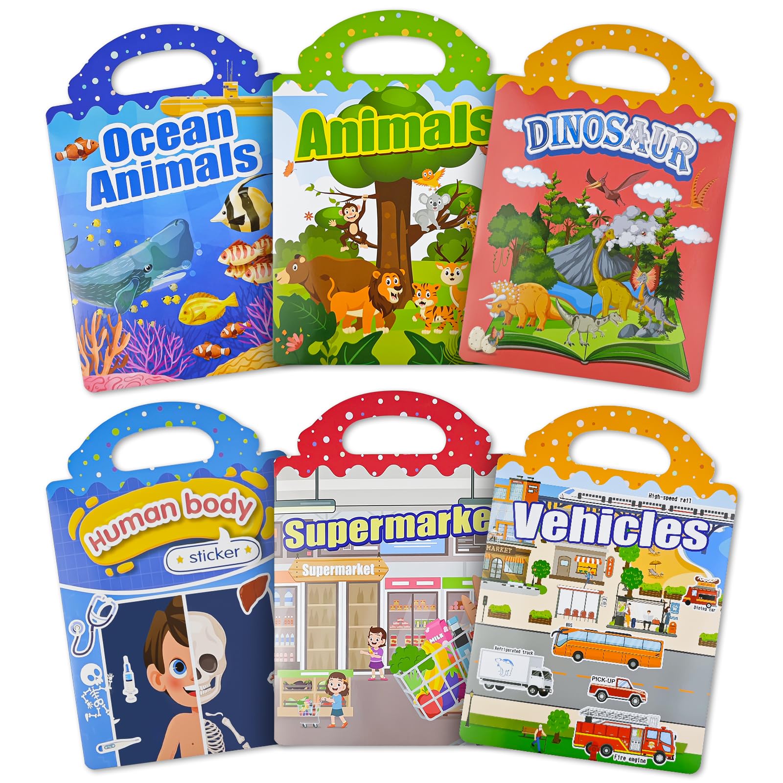 YUUTIAL 6Pack Reusable Sticker Books for Toddlers,3D Puffy Stickr Books for Kids 2+ Year Old, Vehicles, Animals, Dinosaur,Ocean,Body,Supermarket Jelly Sticke Game Educational Sensory Learning Toy