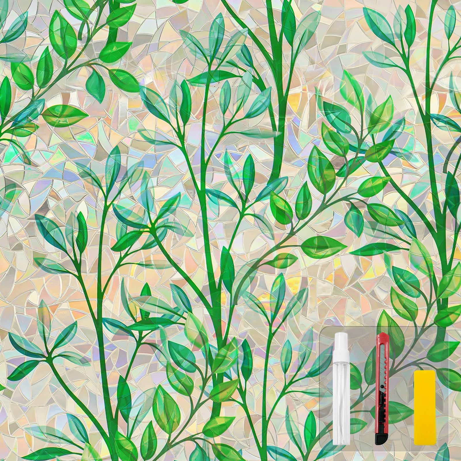 Window Privacy Film Stain Glass Window Film Rainbow Window Film Window clings Non-Adhesive Reusable Decorative for Room (Leaf Rainbow, 17.5 x 78.7 in)