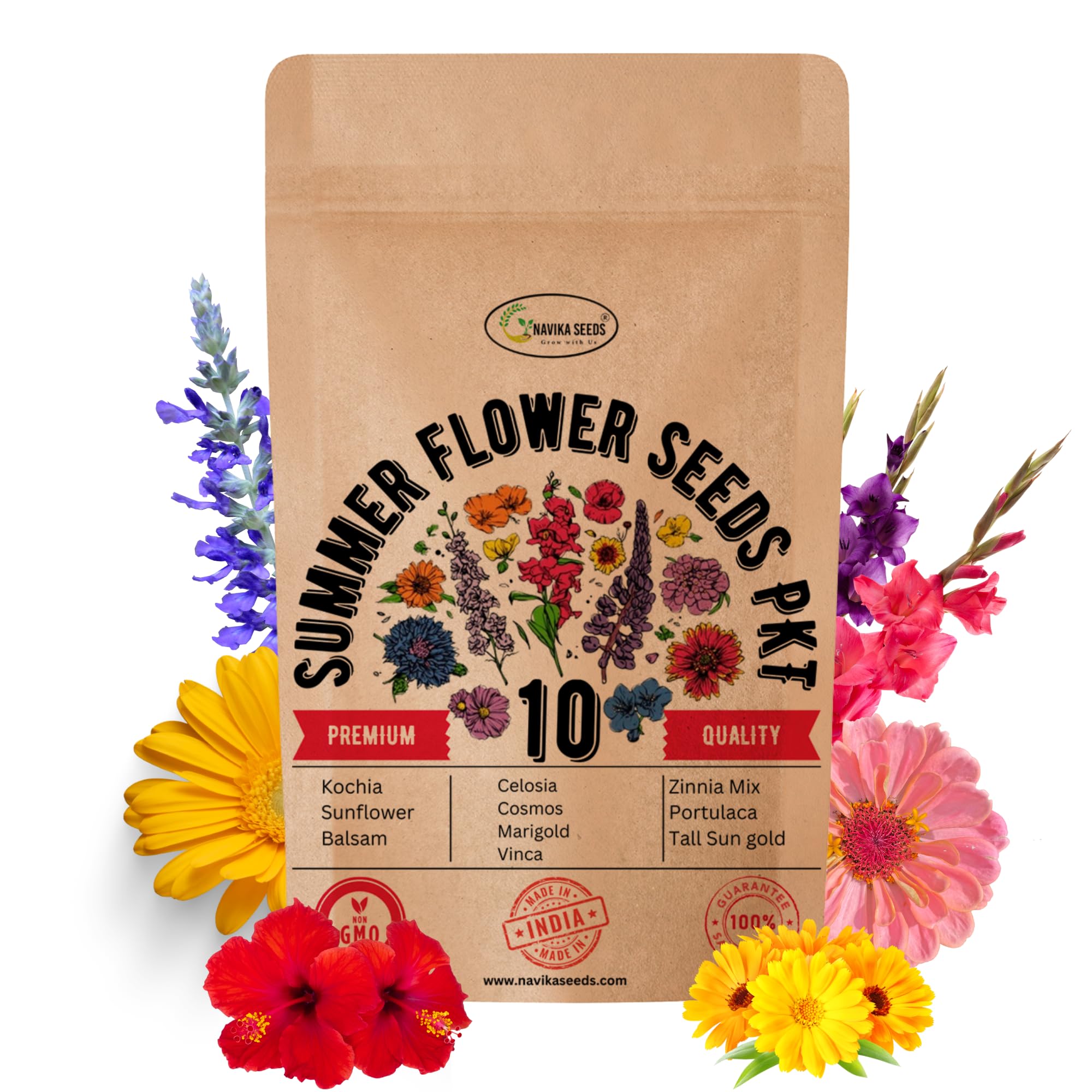 Navika Seeds Combo Pack of 10 Flower Seeds for Summer for Your Home Garden | Summer | Sutaible for Indian Season | All-Season Varieties | Free Growing Guide Included |