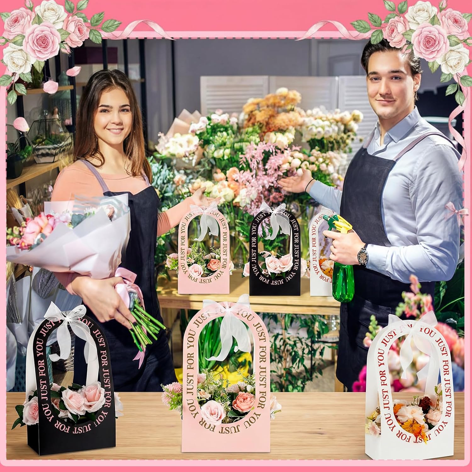Gueevin 15 Pcs Mother's Day Paper Flower Box for Arrangement Bouquet Flower Gift Bags with Handle and Bow Waterproof Packaging Floral Wrap for Women Mom Wedding Birthday Party, Black, White, Pink