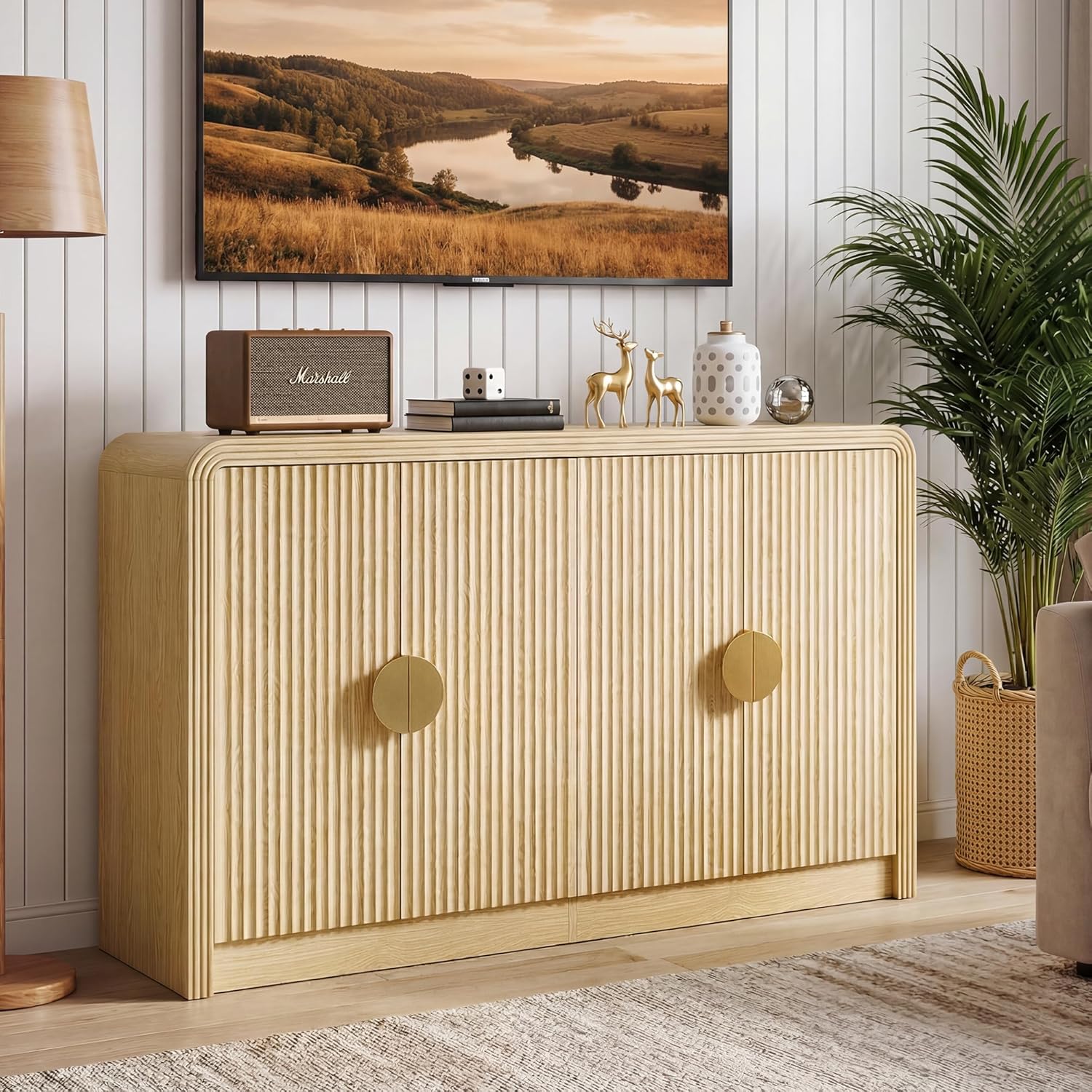 Decofy 55" Sideboard Buffet Cabinet, Mid Century Modern Console Cabinet with Wavy Grain Doors & Adjustable Shelves for Kitchen Buffet Cabinet, Entryway, Living Room, Coffee Bar Cabinet (Natural Oak)