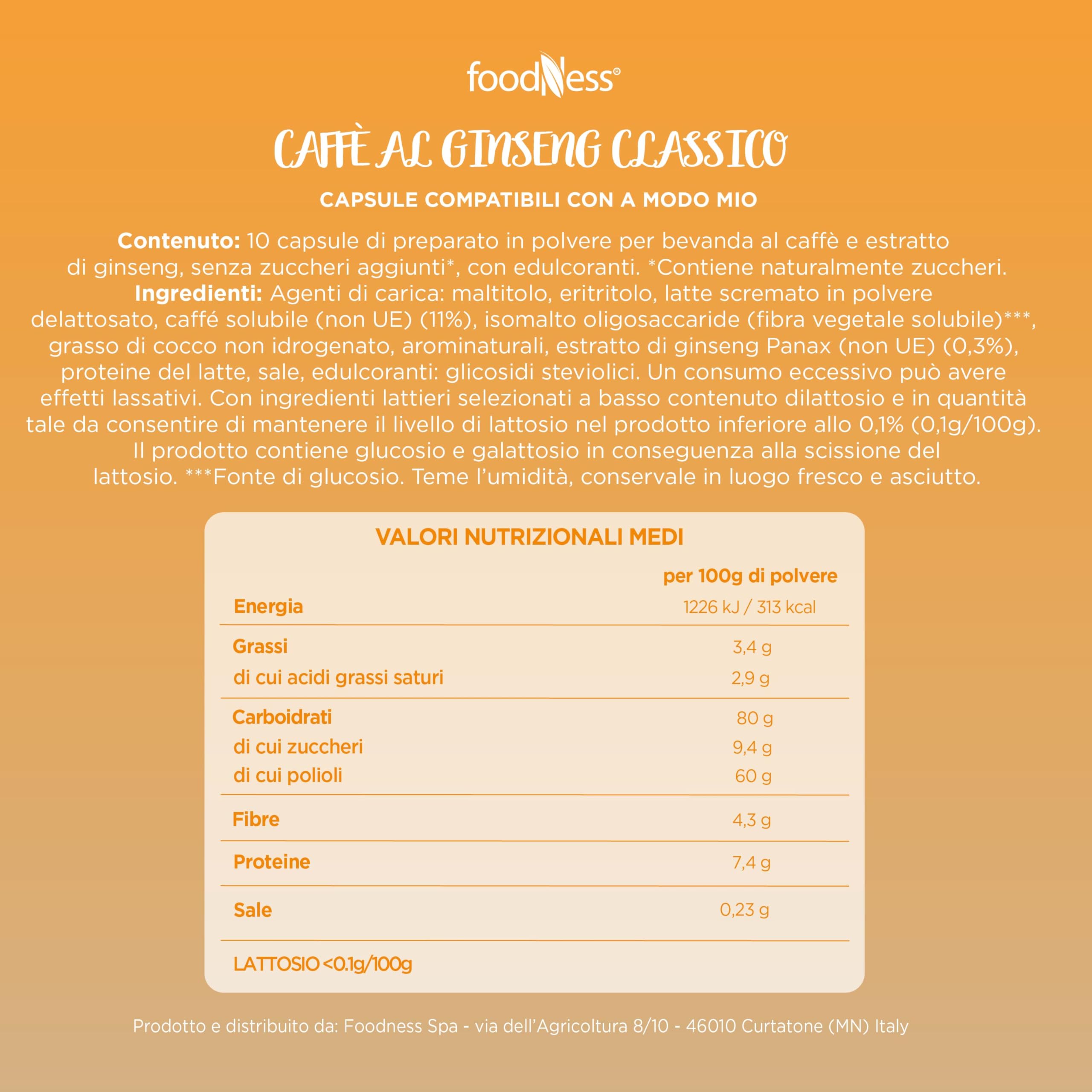 foodNess - 10 Box da 10 Capsule di Ginseng, Capsule Compatibili con Sistema Lavazza A Modo Mio, Solubile per Caffè con Estratto di Ginseng, Senza Glutine, Additivi, Lattosio e Zuccheri Aggiunti