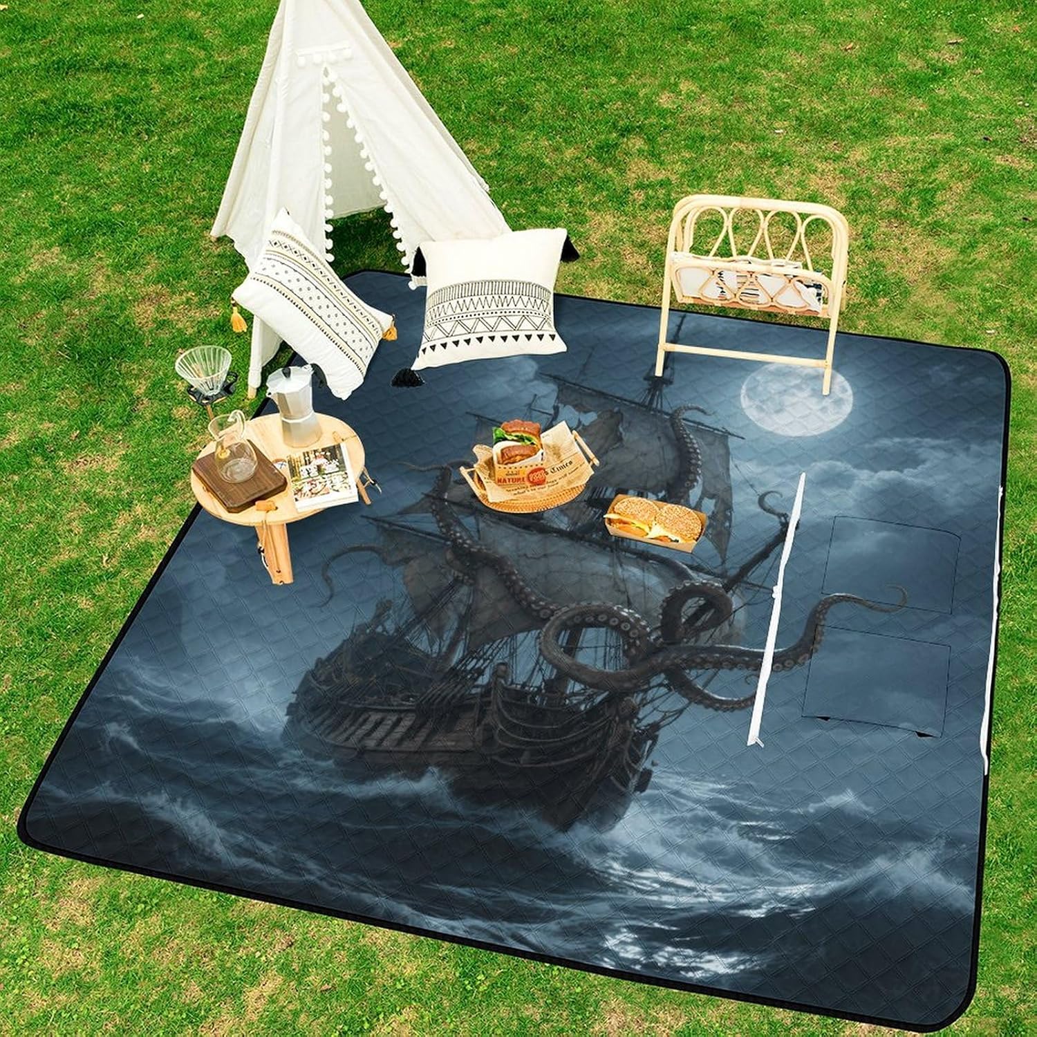 Octopus Kraken Pirate Ship Ocean Picnic Blanket 200x200cm, Foldable 2-in-1 Picnic Mat and Tote Bag Portable Waterproof Beach Mat Sandproof Outdoor Blanket for Park, Hiking, Beach, Camping, Travel