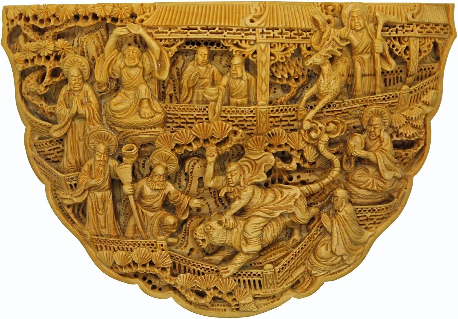 Quality Carved Bamboo Birdcage Base Panel with Eighteen Arhats (Lohan), Tiger, Deer an389