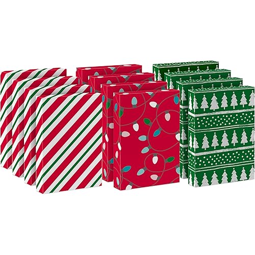 Hallmark Medium Christmas Gift Boxes with Lids (12 Shirt Boxes, 3 Designs: Lights, Trees, Red and Green Stripes) for Christmas, Holiday Parties, Hostess Gifts