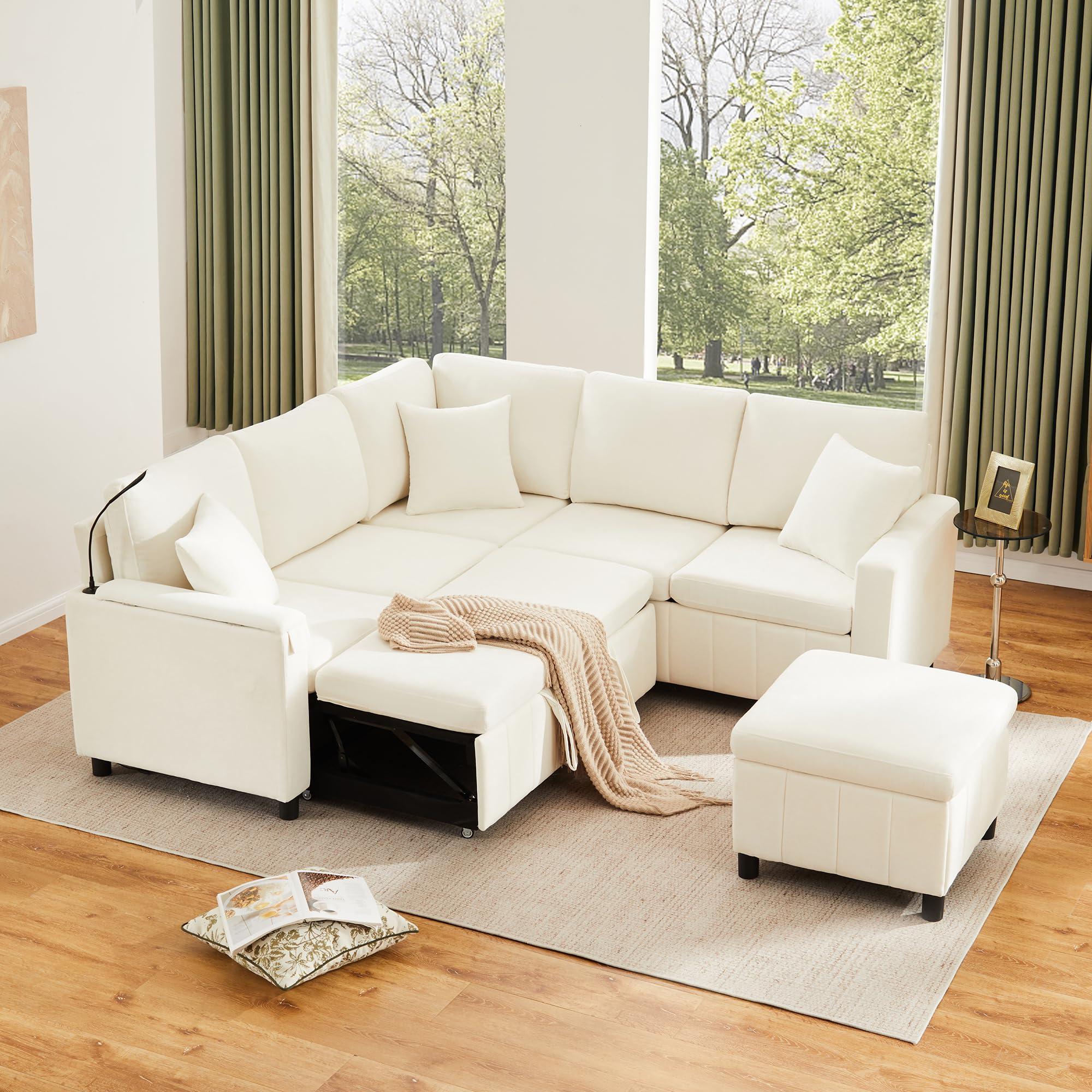 Bladez Sofá cama extensible de chenilla, en forma de L, con función de dormir y almacenamiento, moderno sofá en forma de L con taburete, USB y tipo C, mesa integrada, sofá cama para salón (beige, 4