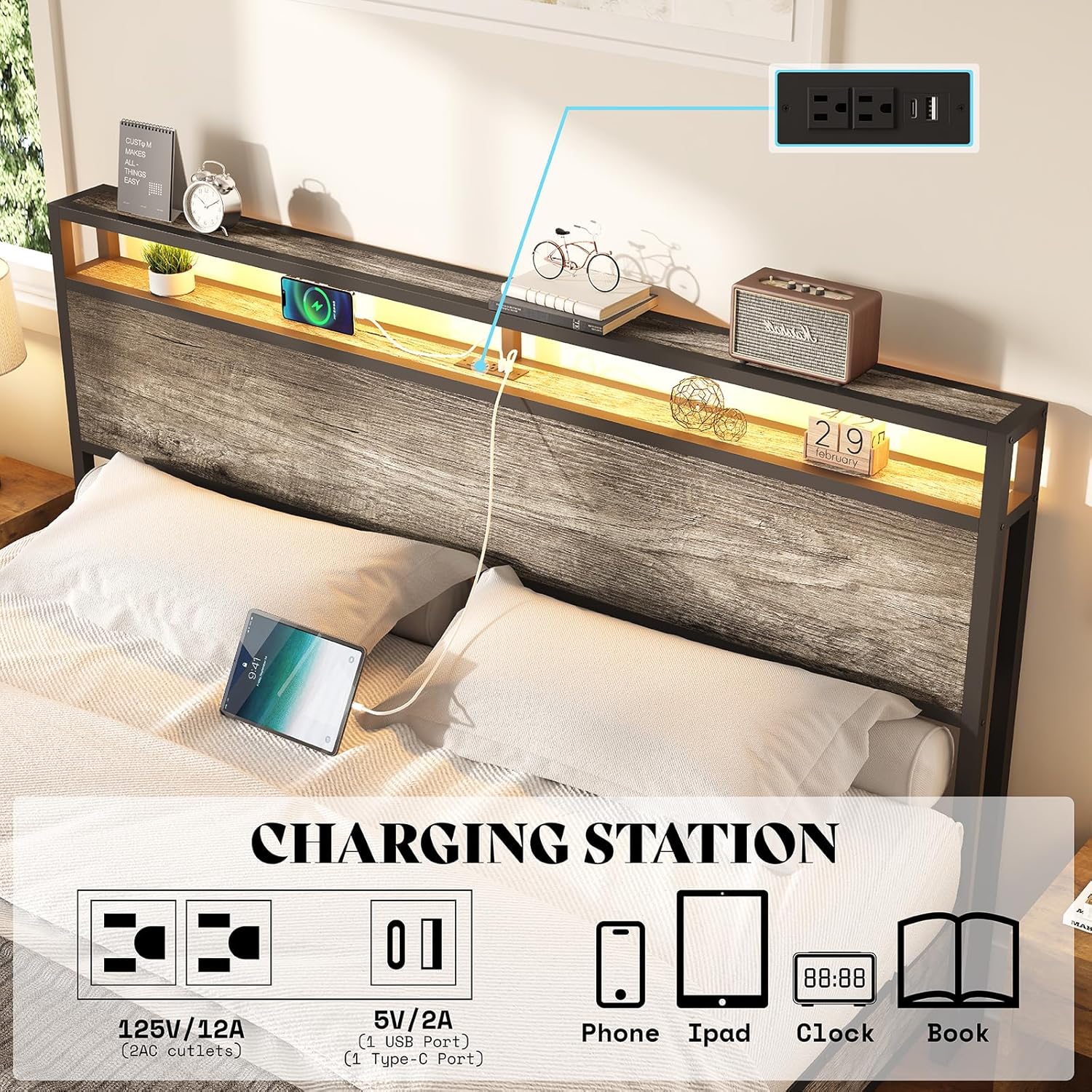 AMERLIFE King Size Floating Bed Frame with 2-Tier Storage Headboard, Metal Bed Frame with Charging Station & LED Lights, No Box Spring Needed, Rustic Grey