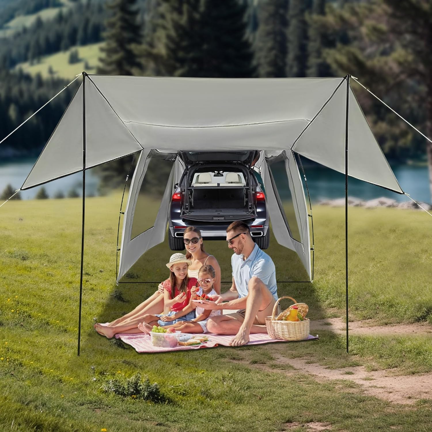 Car Awning Outdoor Tent, 15.91 * 7.87 * 6.4ft Car Tent Attachment Car Camping Tents with 2 Mesh Windows for SUVs, MPVs, and Two-Door Sedans