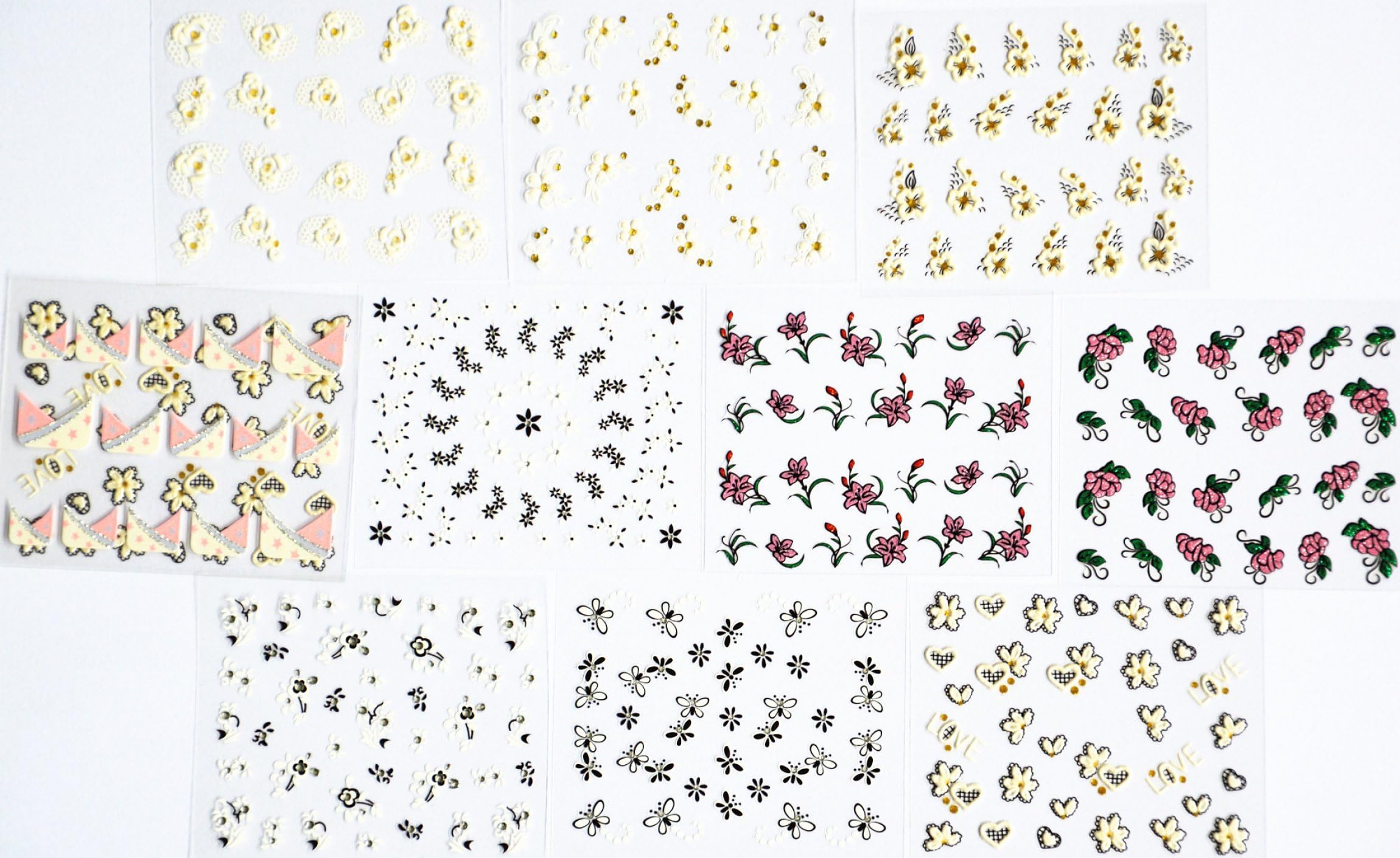 10pcs/package nail stickers decals multi mix designs including black flowers/white flowers with gold/heart/glitter flowers/French semi-paste nail stickers decals/etc.