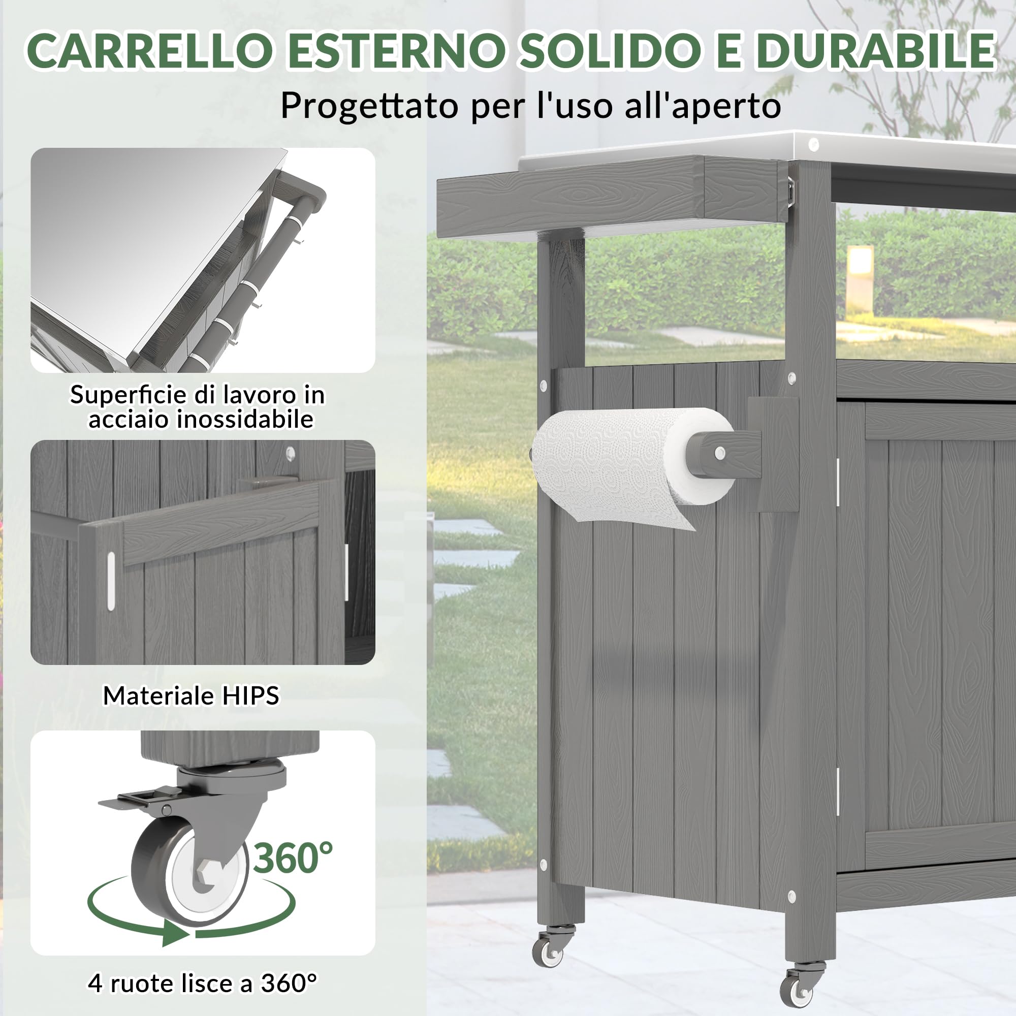 Isola di Cucina Esterna con Ruote Marrone - Carrello Barbecue Mobile Multifunzione, Piano Lavoro e Stoccaggio, Portatile per Giardino Terrazza Campeggio Picnic