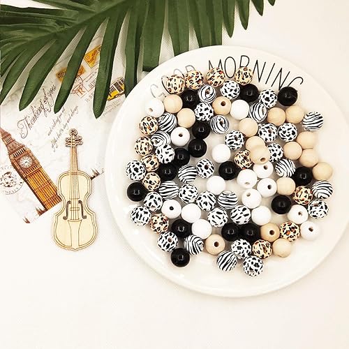 Miniatura 4 de Kit de 150 cuentas de madera de vaca de leopardo y cebra de 0.63 pulgadas, cuentas de madera redondas de granja, manualidades, cuentas de madera